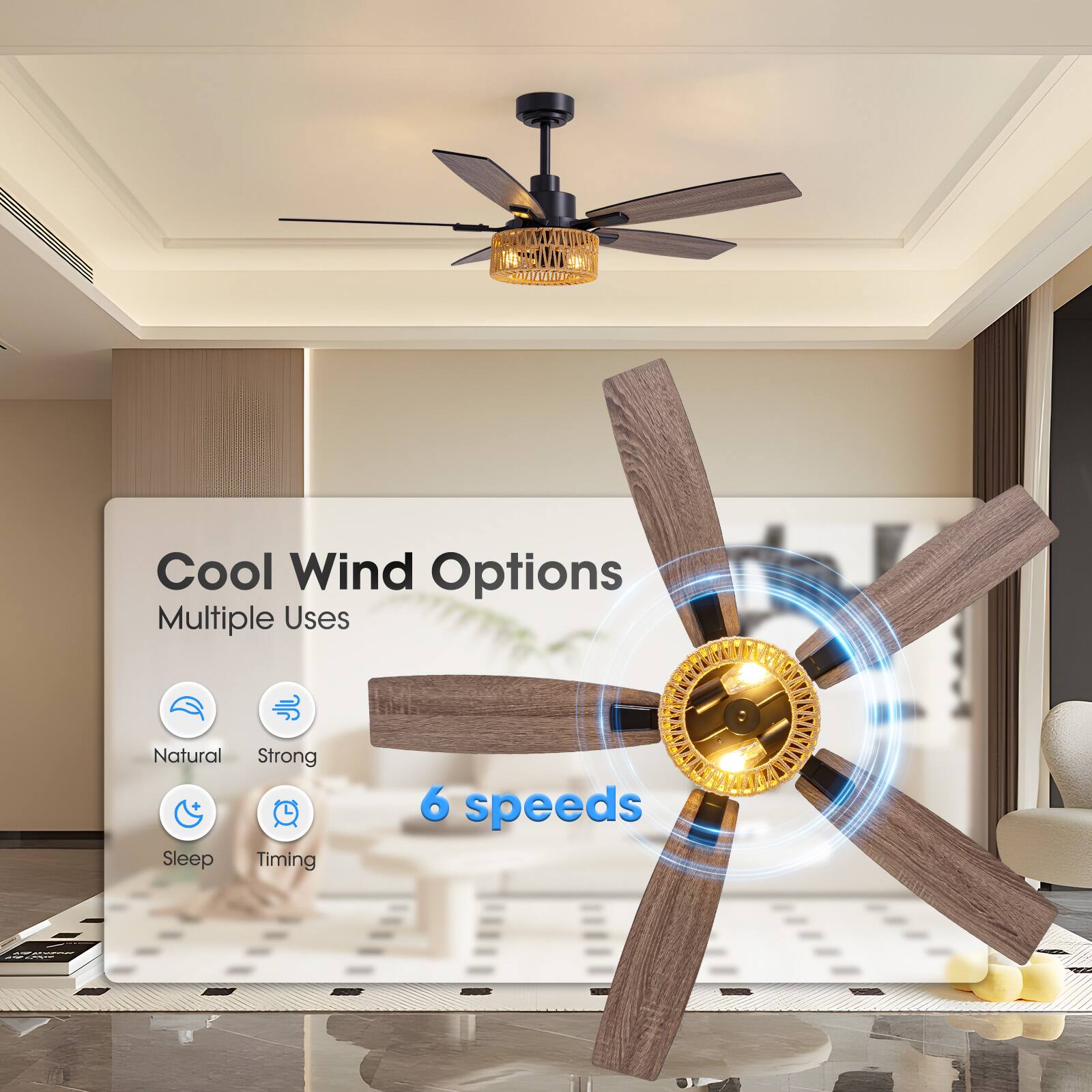 Cool Wind Options  
Multiple Uses  

Natural  
Strong  
Sleep  
Timing  

6 speeds