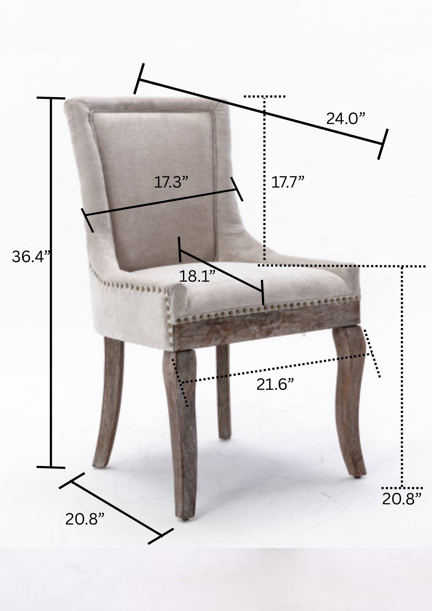 - Height: 36.4"
- Width: 24.0"
- Depth: 20.8"
- Seat Height: 18.1"
- Back Height: 17.3"
- Arm Height: 17.7"
- Seat Depth: 21.6"