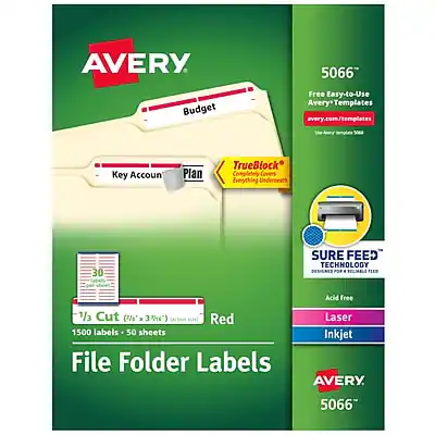 AVERY
5066
Budget
Key Account Plan
TrueBlock™ Completely Covers Everything Underneath
Free Easy-to-Use Avery Templates
avery.com/templates
30 SURE FEED TECHNOLOGY
Acid Free
1/3 Cut (4" x 3 1/3")
Red
1500 labels - 50 sheets
File Folder Labels
Laser Inkjet
AVERY
5066