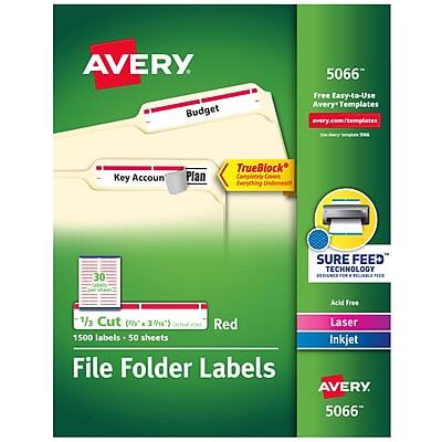 AVERY  
5066  
Budget  
Key Account Plan  
TrueBlock™ Completely Covers Everything Underneath  

Free Easy-to-Use Avery Templates  
avery.com/templates  

30 SURE FEED TECHNOLOGY  
Acid Free  
1/3 Cut (4" x 3 1/3")  
Red  
1500 labels - 50 sheets  

File Folder Labels  
Laser Inkjet  

AVERY  
5066