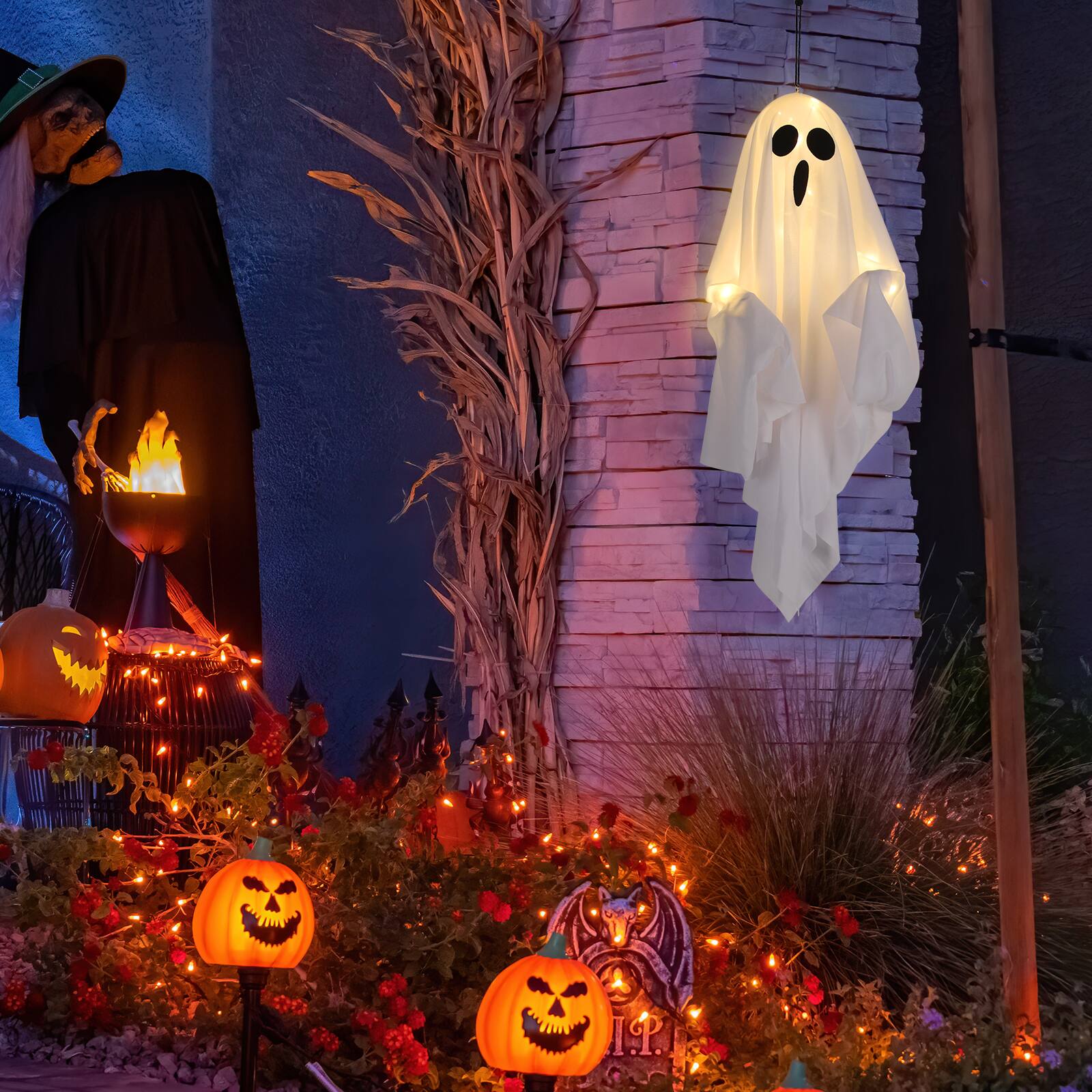 Alt View 5. Oumilen - Lighted Hanging Ghost Halloween Decor – White Cloth Ghost with LED Lights & Bendable Arms.