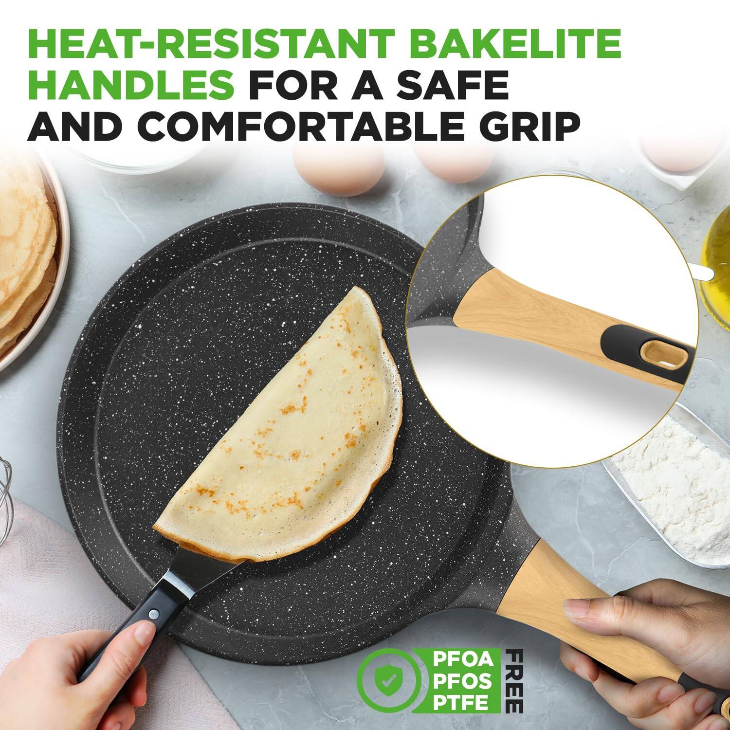 HEAT-RESISTANT BAKELITE HANDLES FOR A SAFE AND COMFORTABLE GRIP

PFOA PFOS FREE PTFE