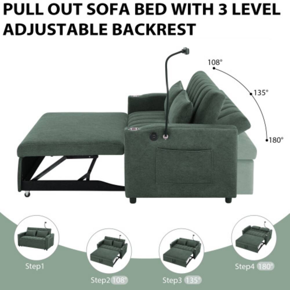 PULL OUT SOFA BED WITH 3 LEVEL ADJUSTABLE BACKREST

Step1
Step2 108°
Step3 135°
Step4 180°