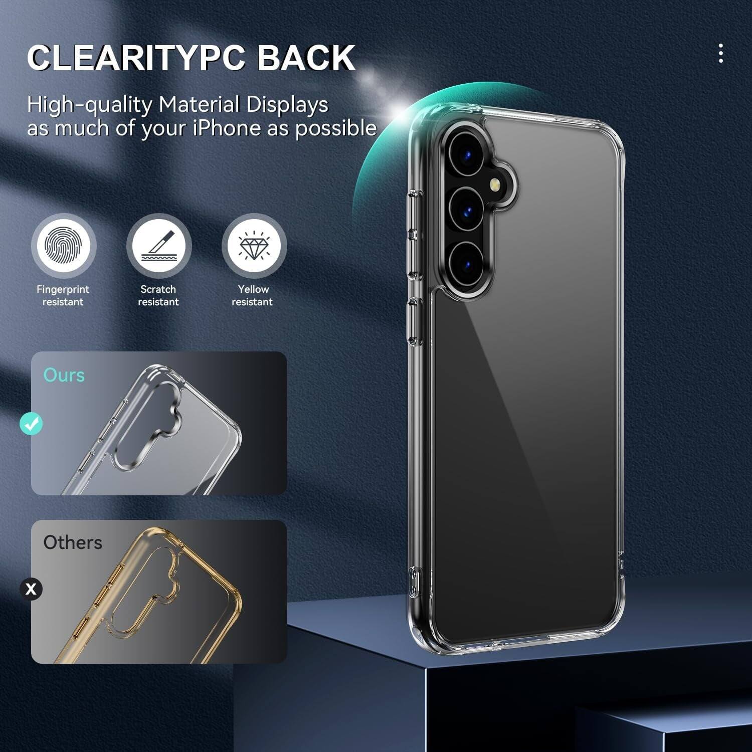 CLEARITYPC BACK
High-quality Material Displays as much of your iPhone as possible
Fingerprint resistant
Scratch resistant
Yellow resistant
Ours
Others x