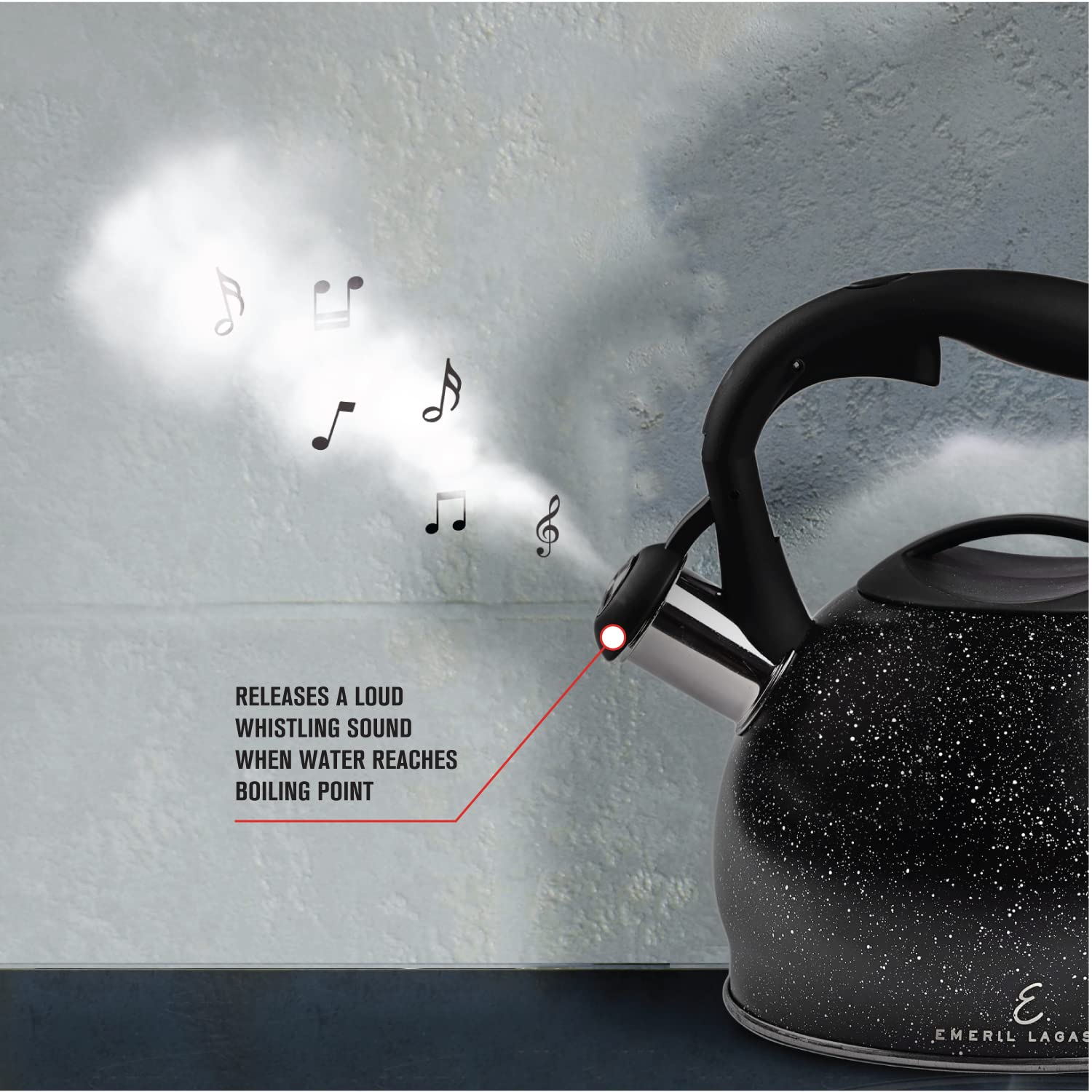 Releases a loud whistling sound when water reaches boiling point.  
Emeril Lagas