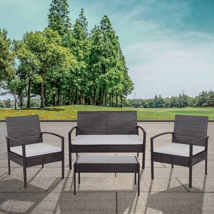 Front. Emma + Oliver - 4 Piece Patio Set with Steel Frame and Cushions - Outdoor Seating - Gray Cushions/Black Frame.
