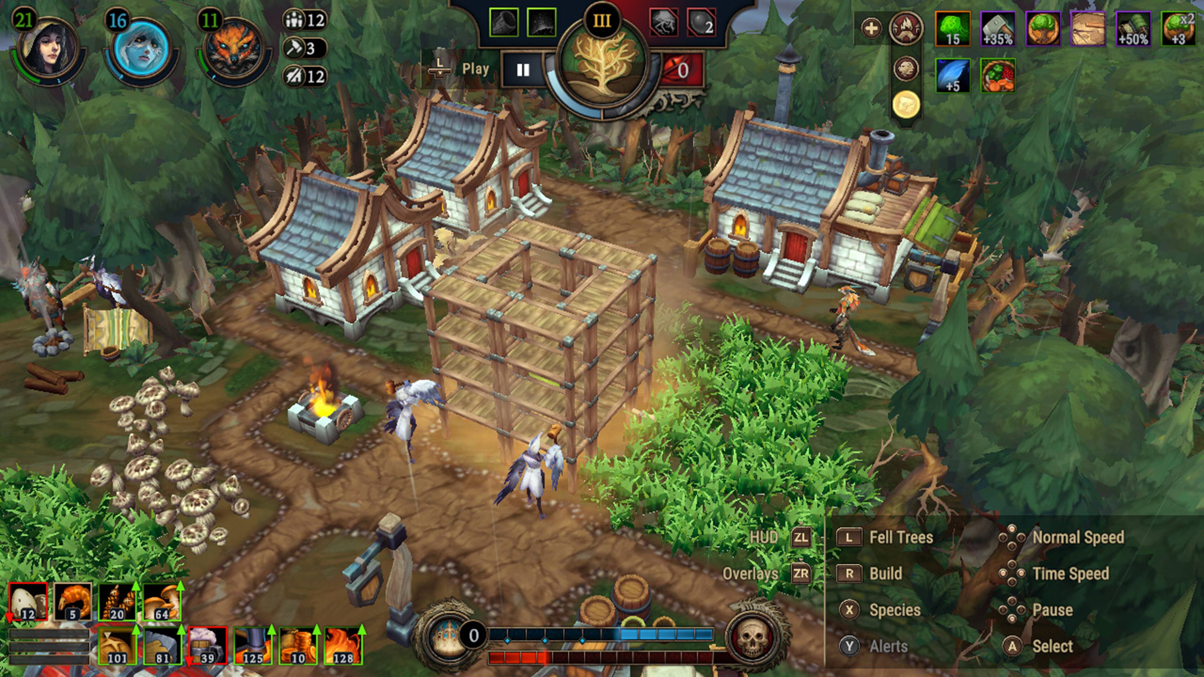 The text on the image is grouped as follows:

1. 21 16 11 12 3 12 L Play III 0 2 + 15 +5 +35% +50% x2 +3 HUD ZL L Fell Trees Normal Speed Overlays ZR R Build Time Speed 12 5 20 101 64 81 39 125 10 128 0 x Species Y Alerts A Pause Select

The corrected text is:

1. 21 16 11 12 3 12 L Play III 0 2 + 15 +5 +35% +50% x2 +3 HUD ZL L Fell Trees Normal Speed Overlays ZR R Build Time Speed 12 5 20 101 64 81 39 125 10 128 0 x Species Y Alerts A Pause Select