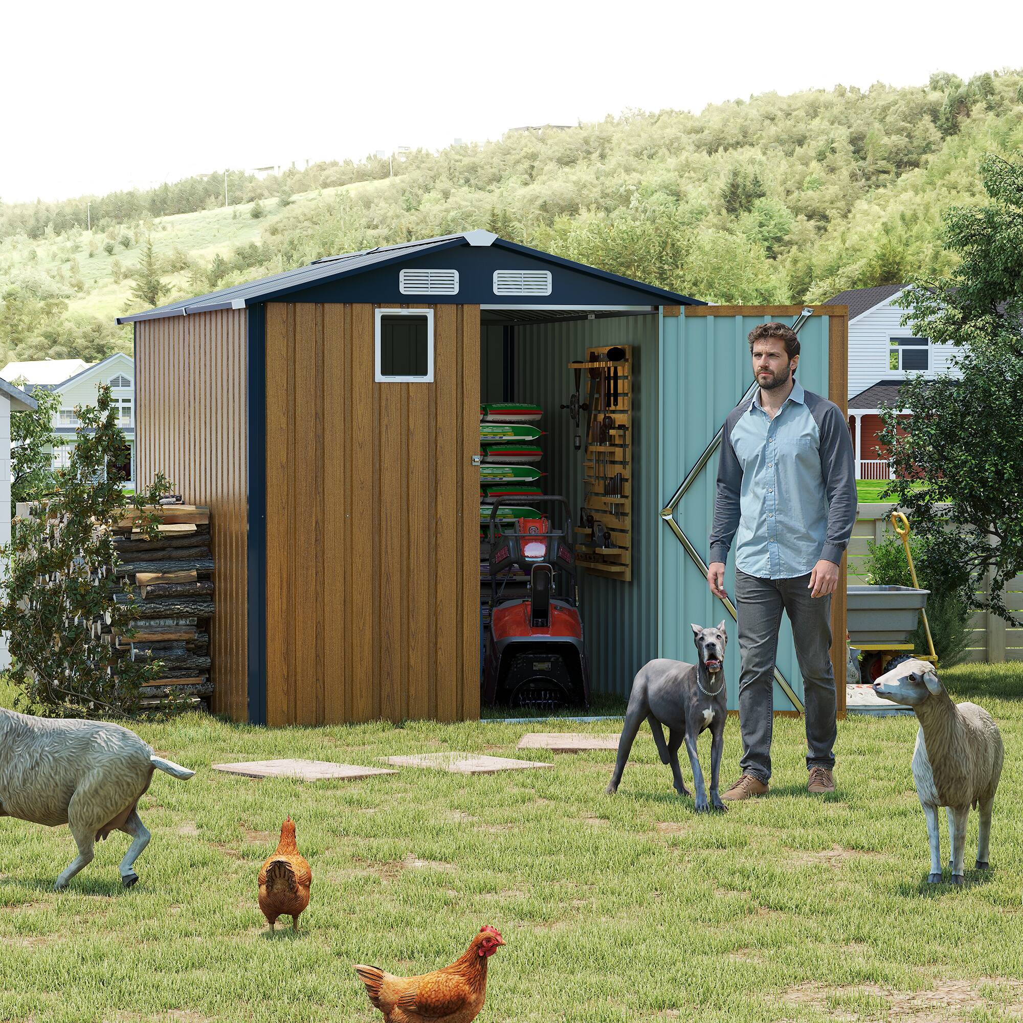 Left. Mondawe - 6x8FT Outdoor Steel Storage Shed with Clear Window and Lockable Doors - Brown.