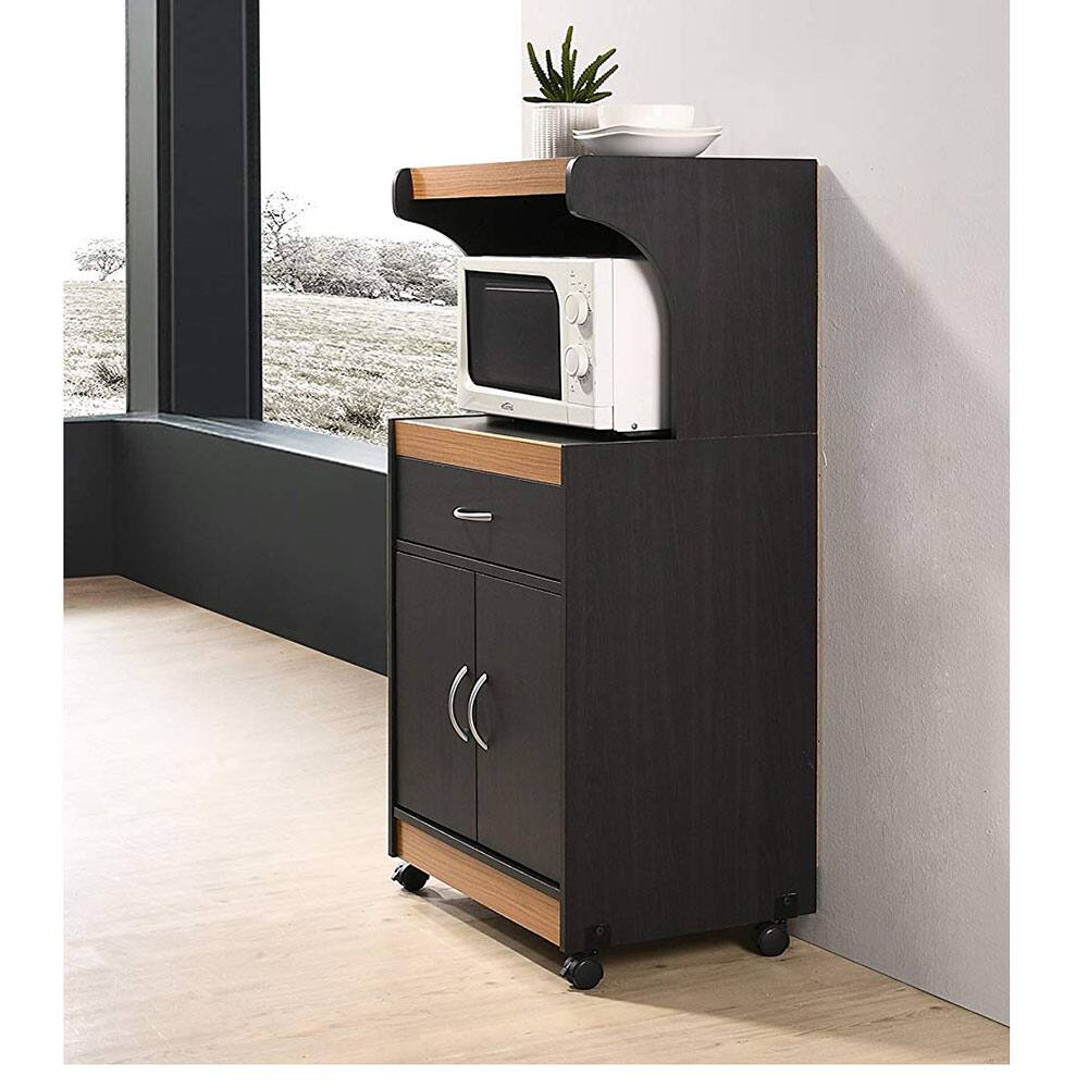 Alt View 3. Hodedah - Hodedah Wheeled Microwave Island Cart with Drawer and Cabinet Storage, Black-Beech - Black-beech.