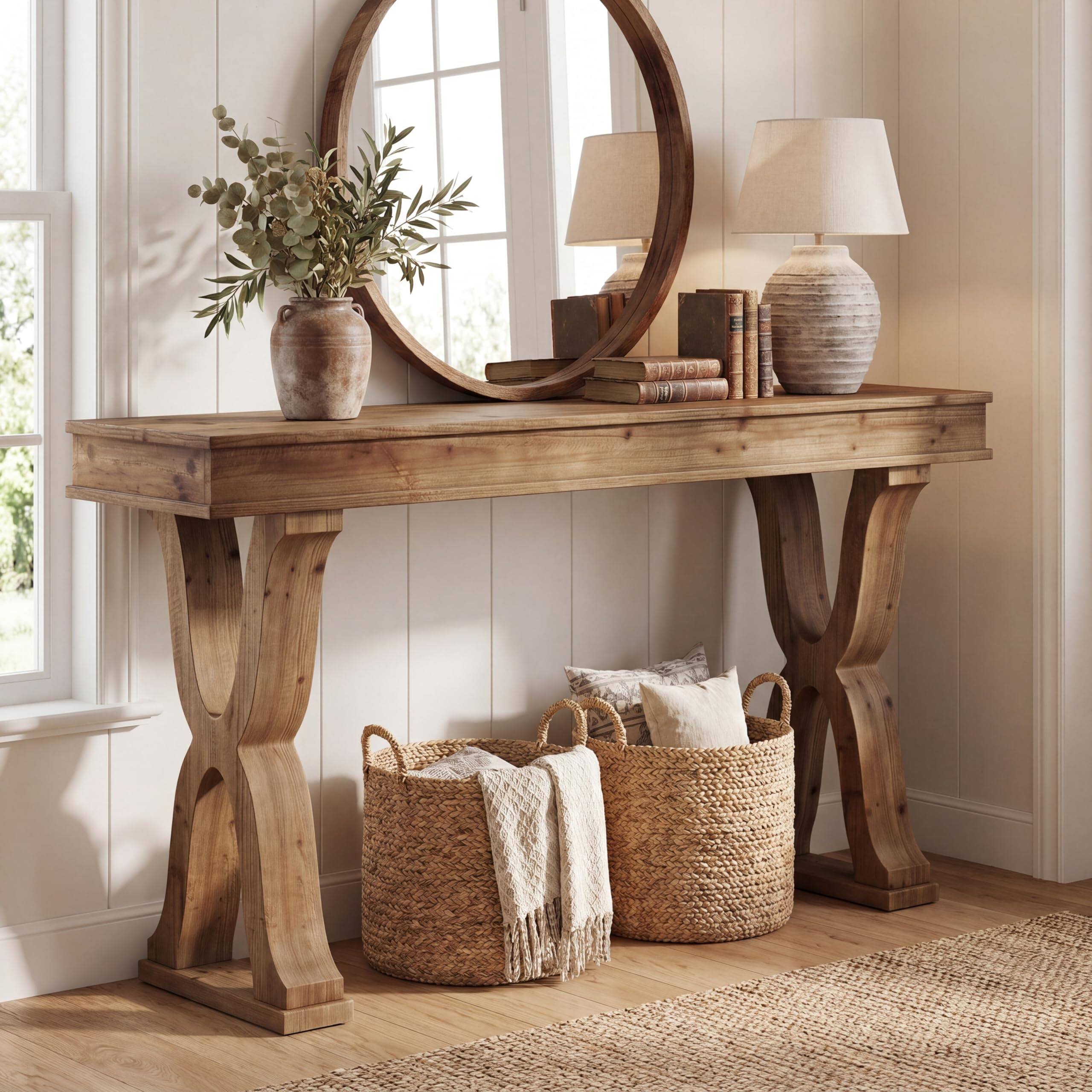Back. Tribesigns - 63" Solid Wood Farmhouse Console Table with Thicken Tabletop - Brown.
