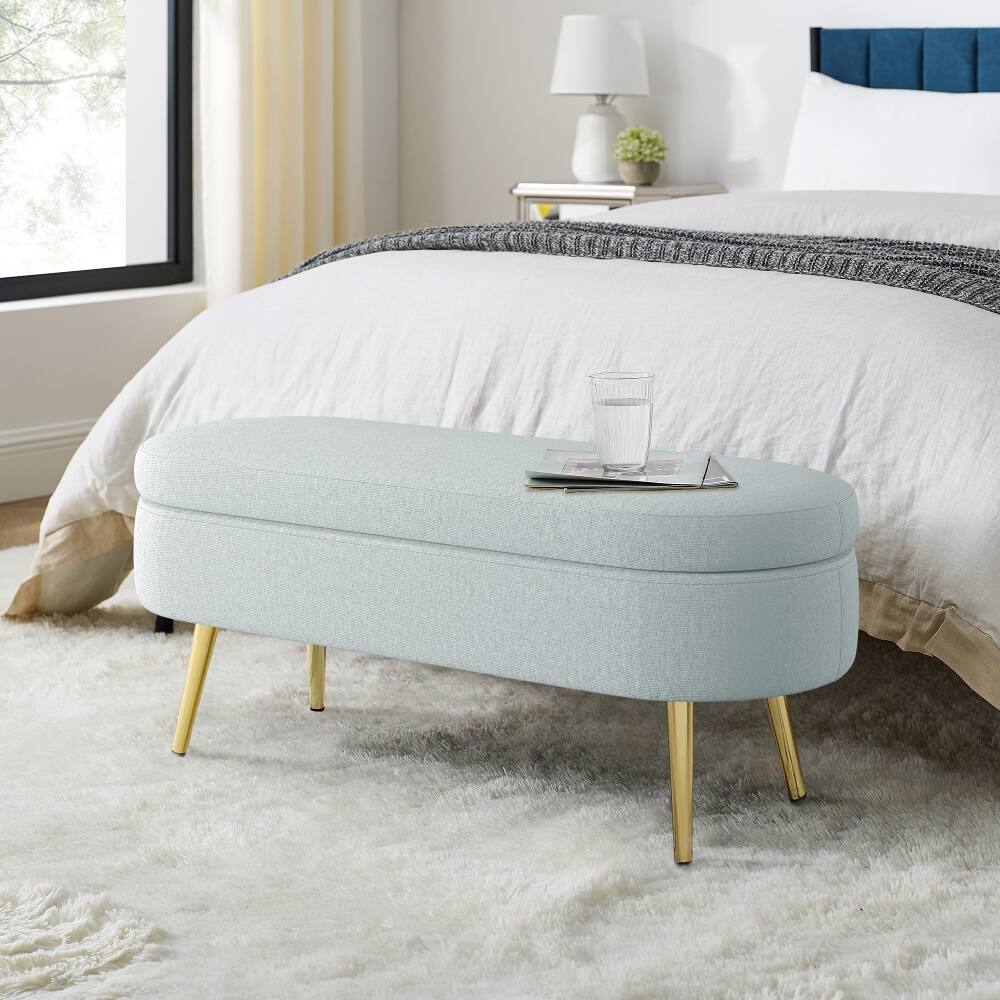 Front. Ropilly - Ropilly Oval Storage Ottoman Flannel Bench with Metal Legs Cyan Upholstered Footstool for Bedroom - Cyan.