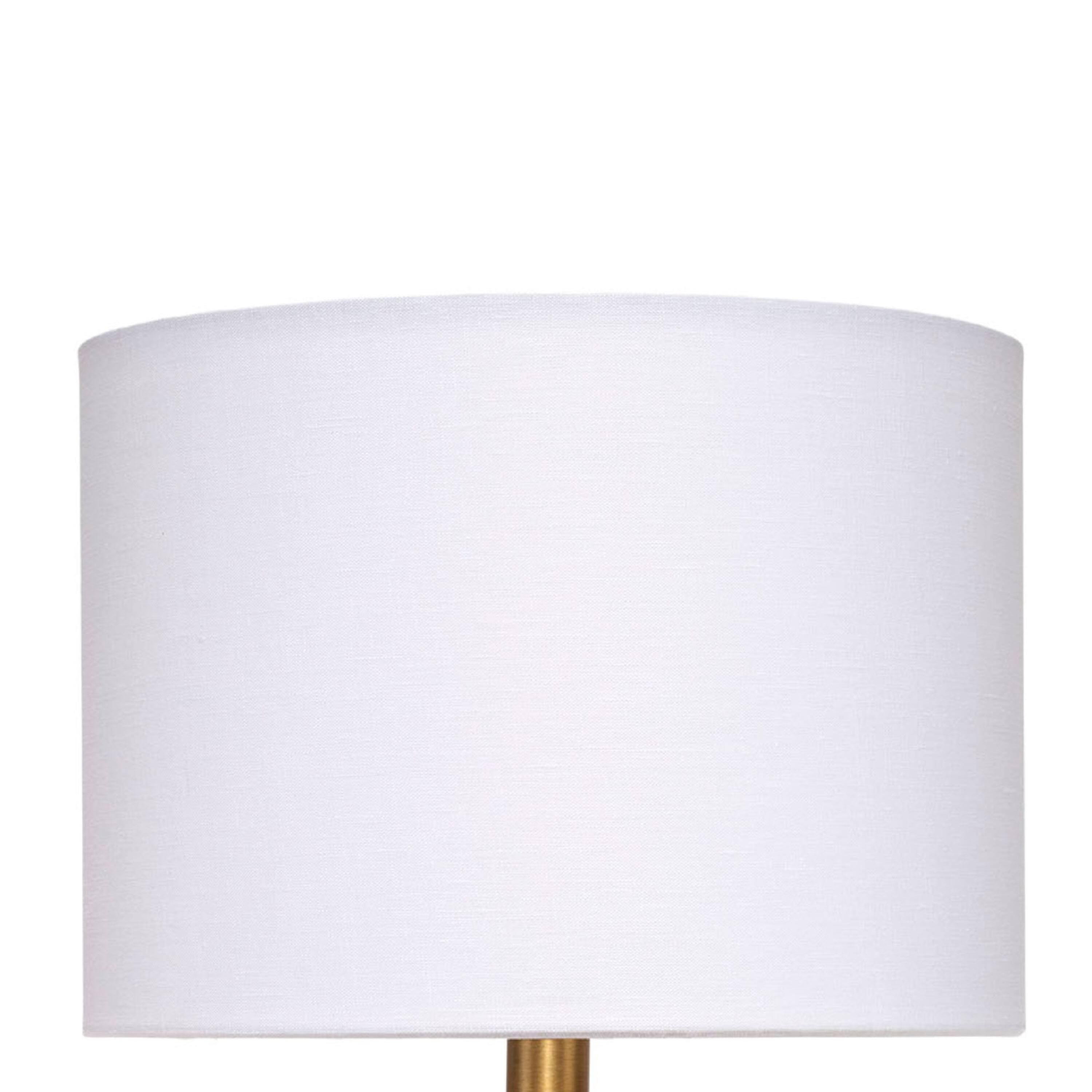 Left. Manhattan Lane - Myn Table Lamp, 18 Inch, Linen Drum Shade, Leather Base - Gray, White, Brass.