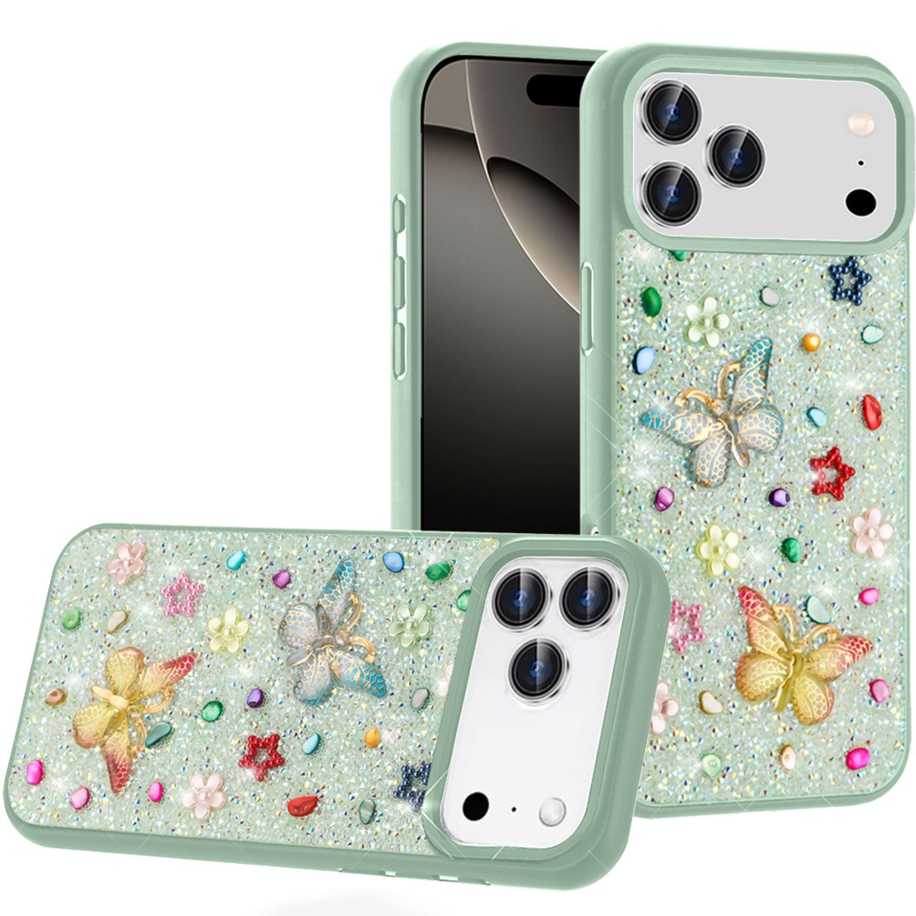 Kitcheniva - 3D Jewel Glitter Butterfly Design Phone Case With Tempered Glass For iPhone 17 Pro - Teal price history on PriceWatchPro
