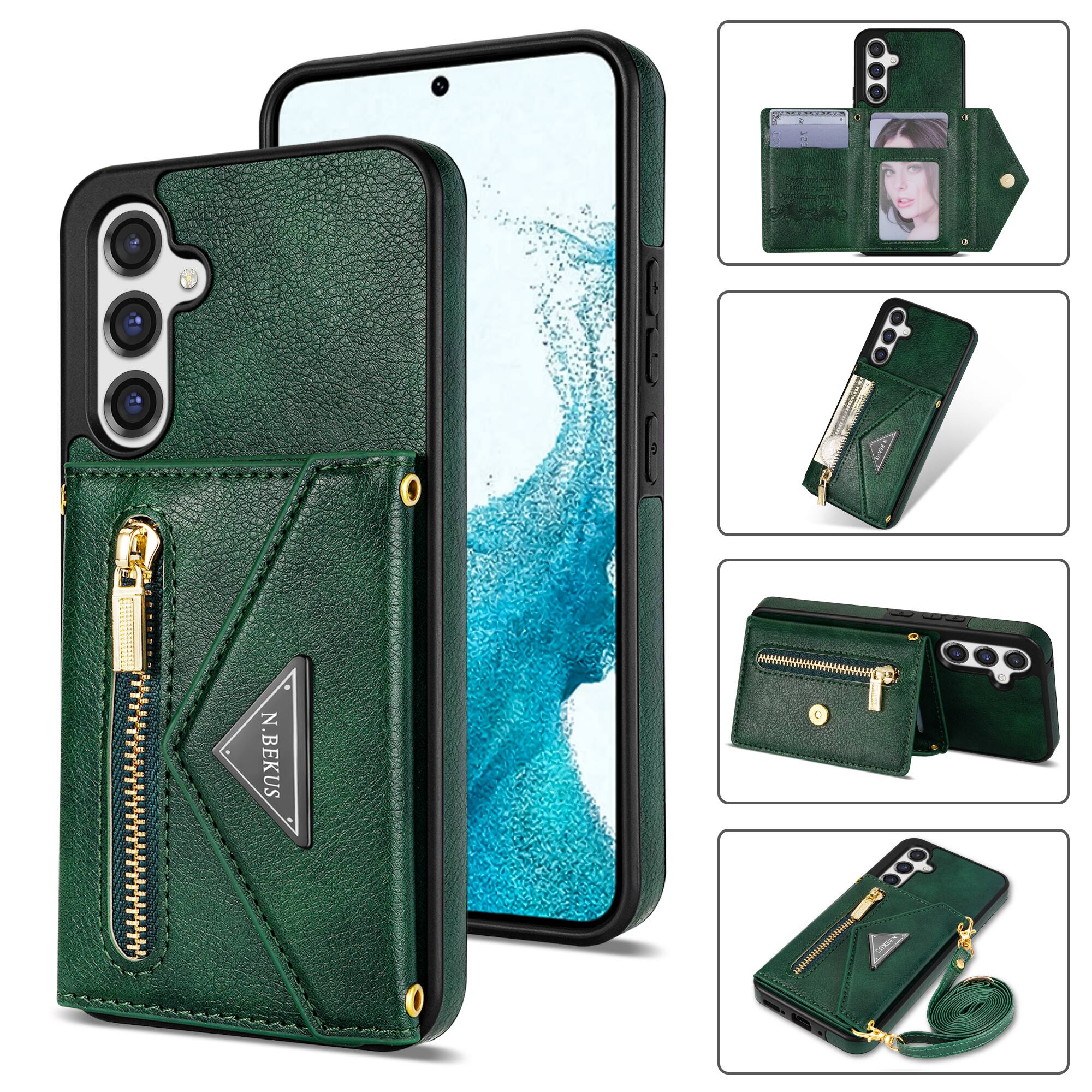 Angle. Dteck - Crossbody Wallet Case for Samsung Galaxy S26, Shockproof PU Leather Stand Cover with Zipper Pocket and Card Slots - Green.
