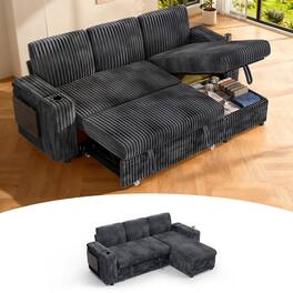 Dyonery - 85" Grey Corduroy Modular 3-seater L-shaped Sectional Sleeper Sofa Bed with Pull Out Bed,USB Ports,Cup Holders - Gray