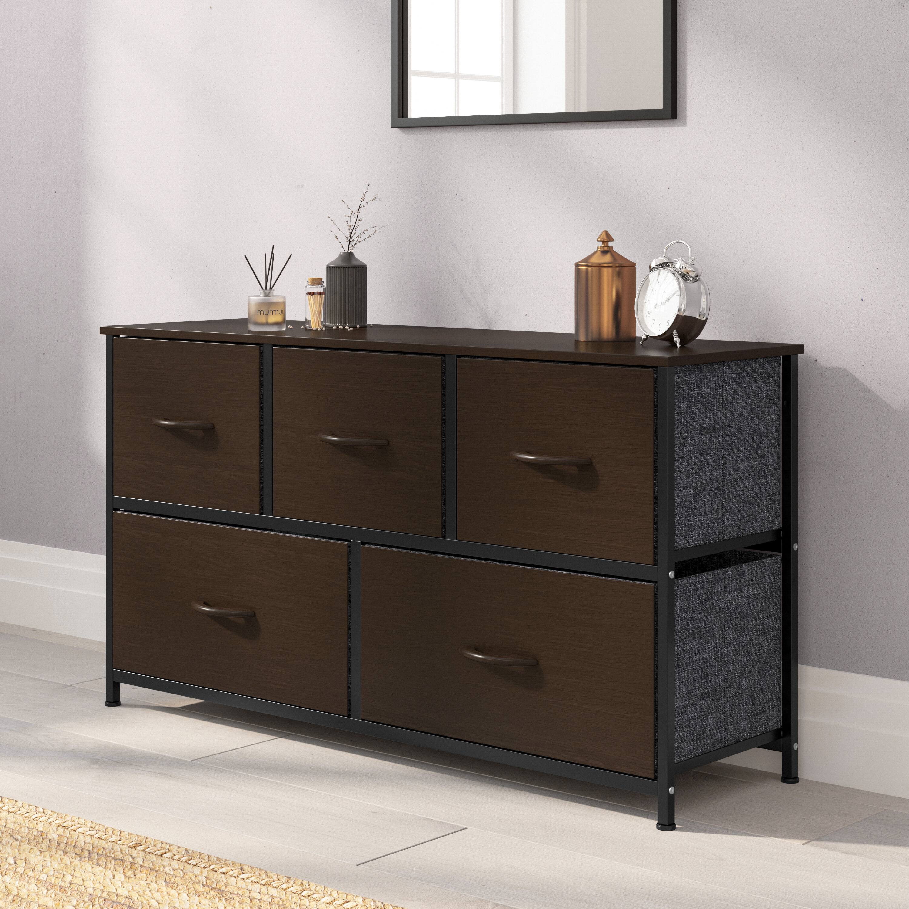 Alt View 1. Emma + Oliver - Marley 5 Drawer Storage Dresser with Cast Iron Frame, Wood Top, and Easy Pull Fabric Drawers with Wooden Handles - Brown Drawers/Black Frame.