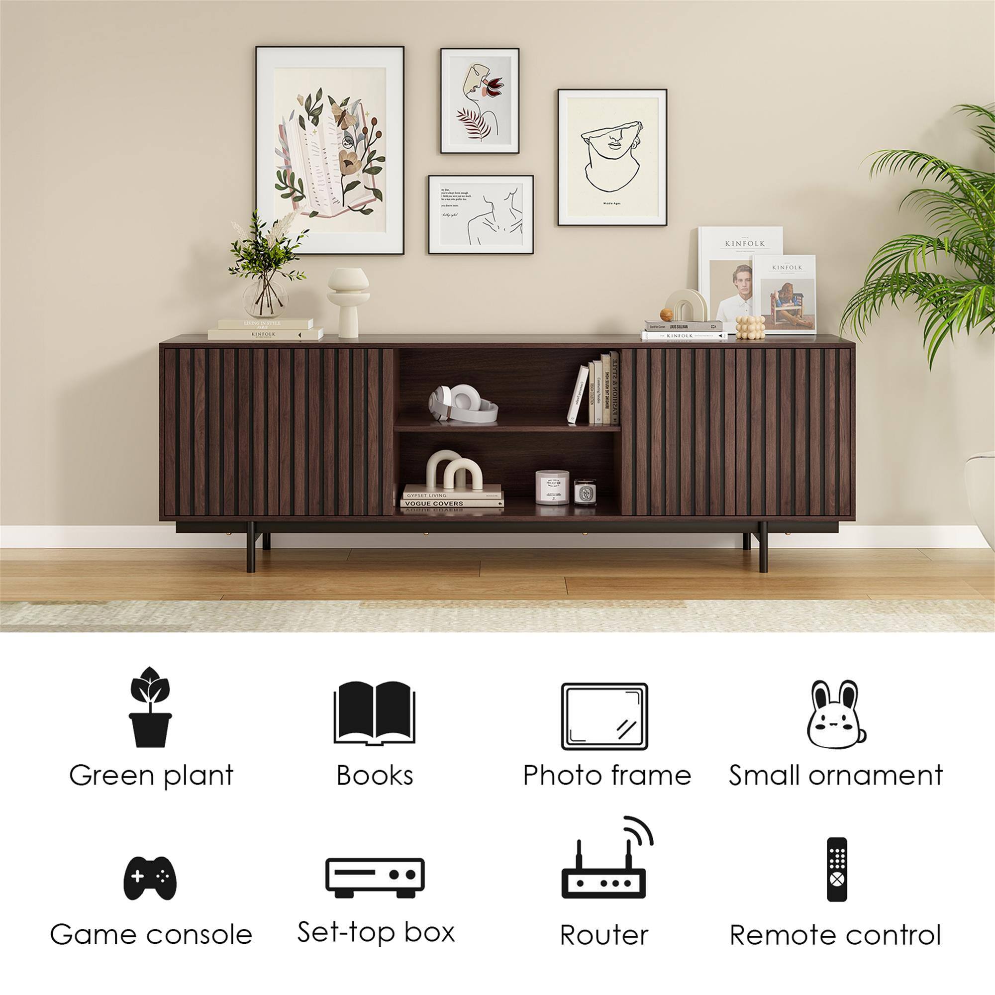 KINFOLK  
CINTOLE  
XXXX RISTINA  
KIMUSE  
- VOGUE COVERS  
Green plant  
Books  
Photo frame  
Small ornament  
Game console  
Set-top box  
Router  
Remote control