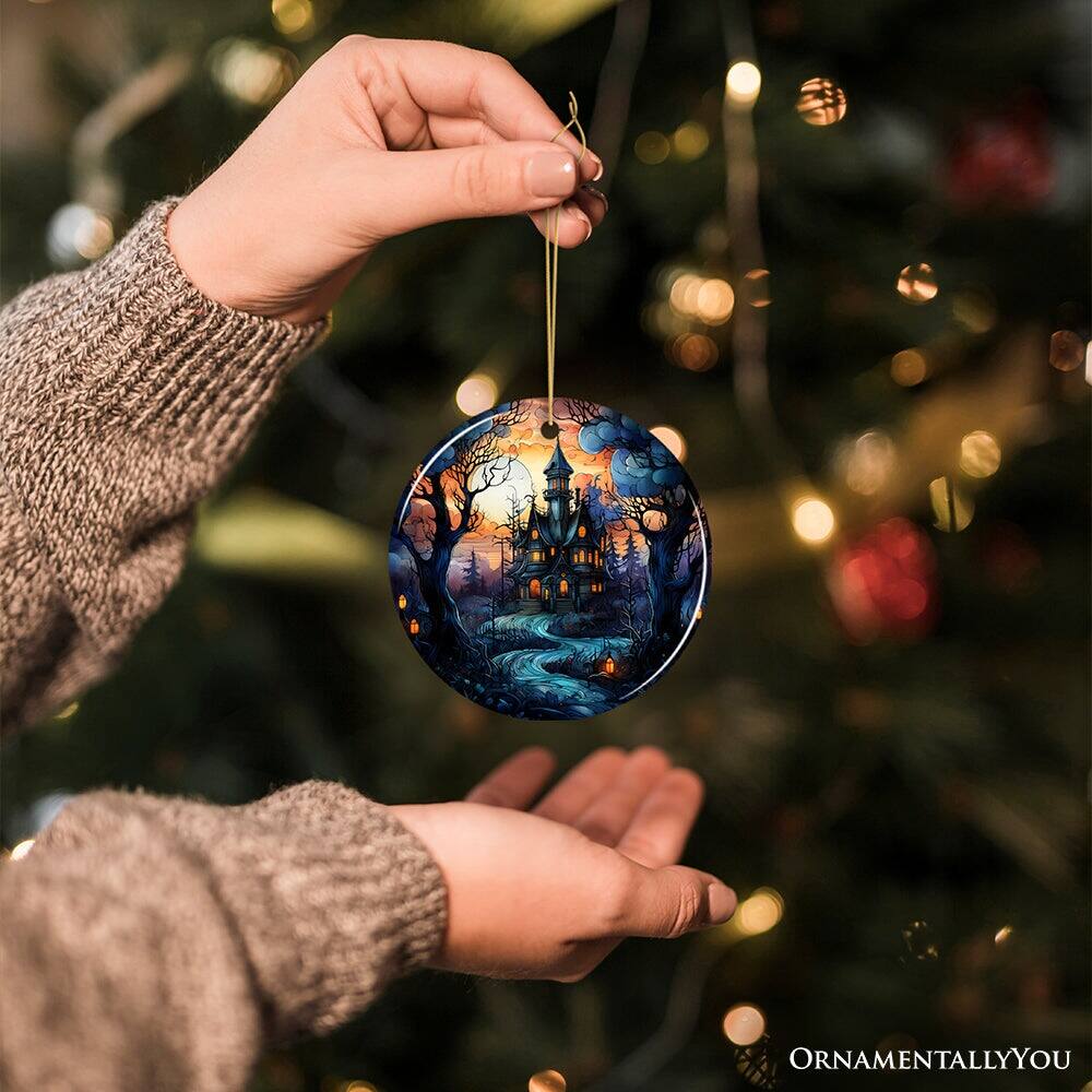Alt View 1. OrnamentallyYou - Dark and Gloomy Haunted House Stained Glass Style Ceramic Ornament Halloween Themed Christmas Gift - Multi-colored.