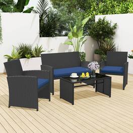 Gymax - Set of 4 Patio Conversation Set w/Seat Cushions & Tempered Glass Tabletop Porch Outdoor - Navy