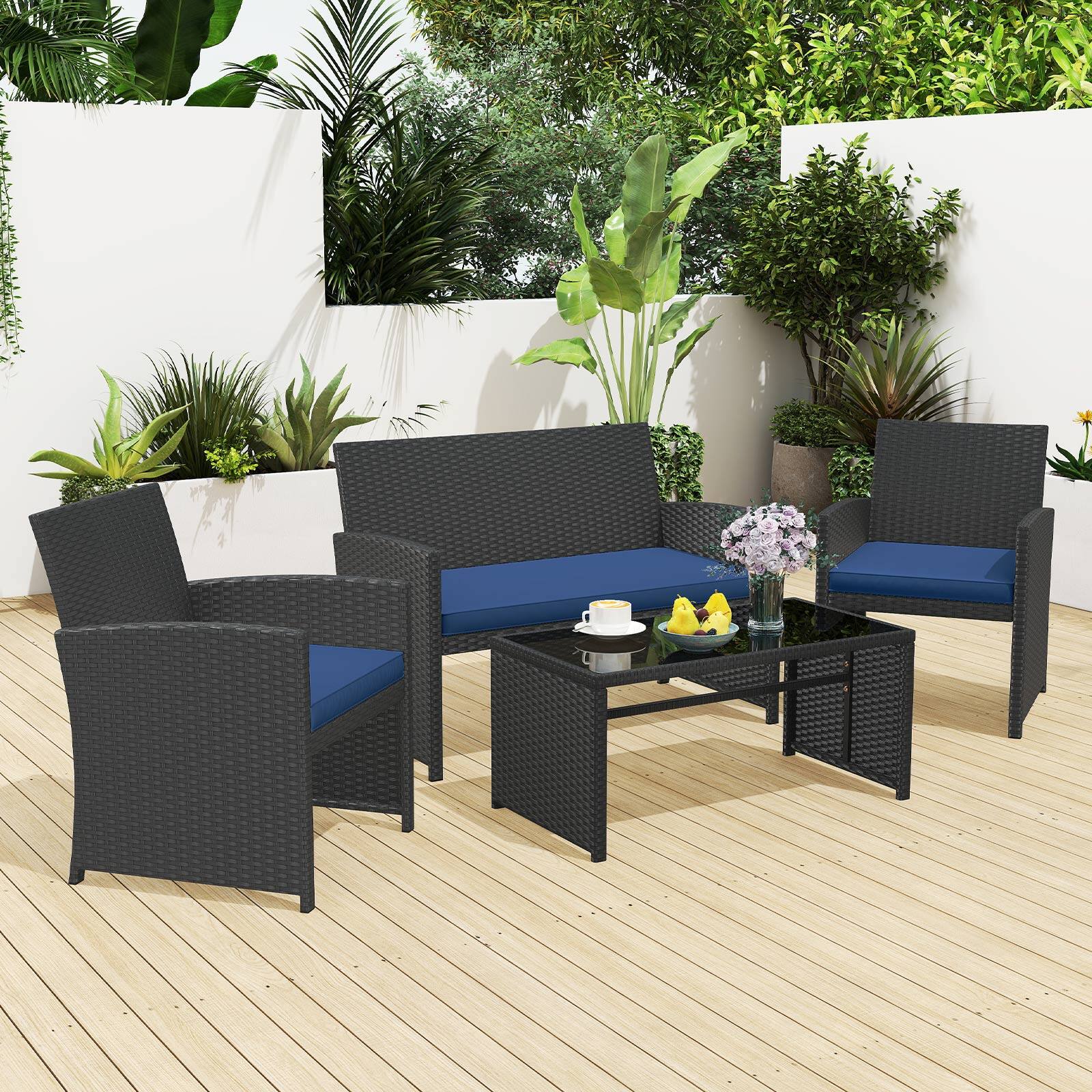 Front. Gymax - Gymax Set of 4 Patio Conversation Set w/Seat Cushions & Tempered Glass Tabletop Porch Outdoor - Navy.