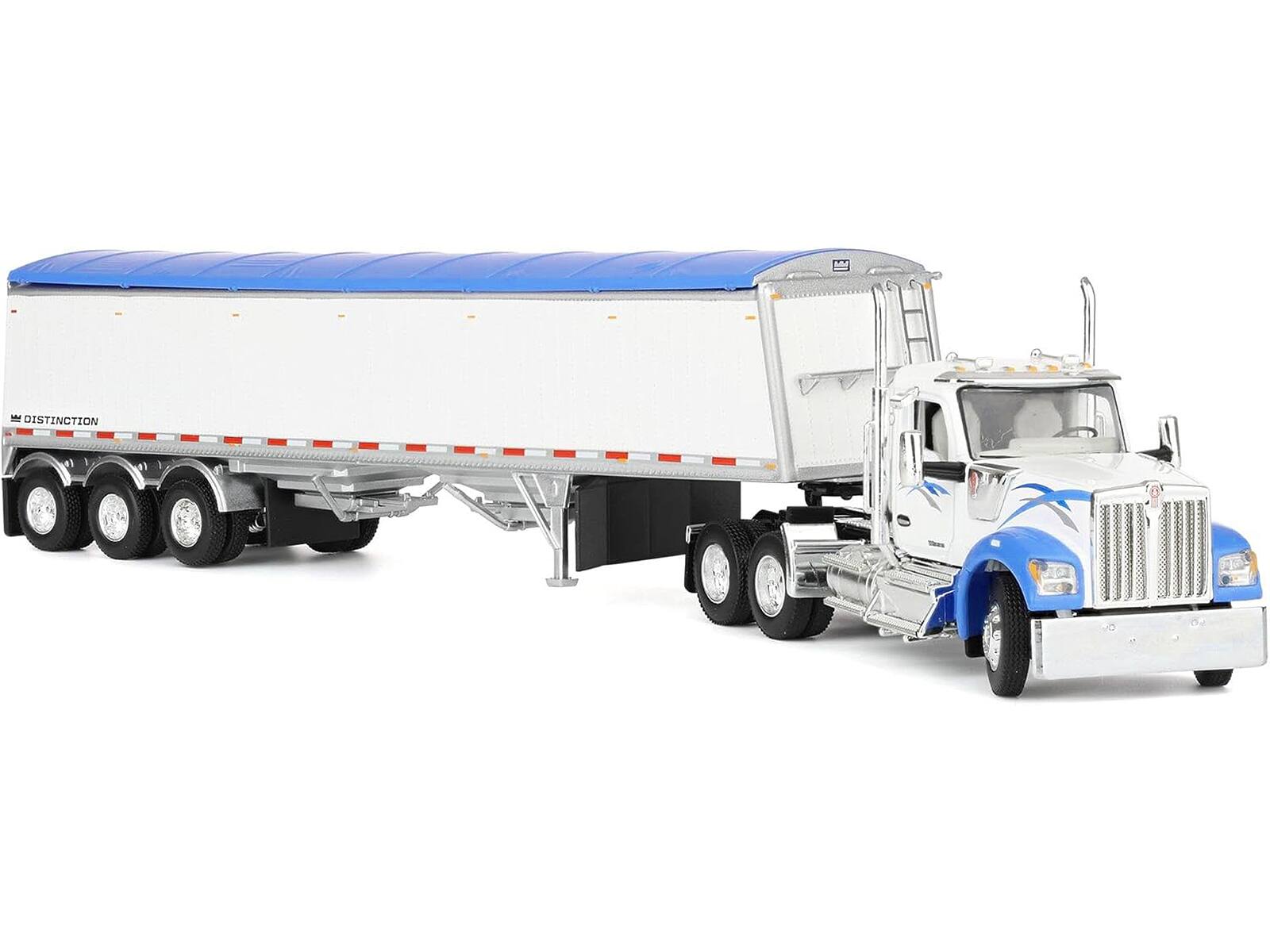 Back. First Gear - Kenworth W990 Day Cab and Lode King Distinction Hopper Trailer White and Blue 1/64 Diecast Model by DCP/First Gear - White and Blue.