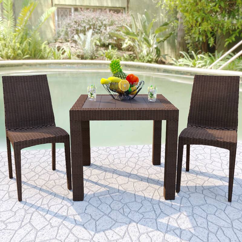 Left. LeisureMod - Mace Weave Design 31Inch Outdoor Dining Table, Weather-Resistant Patio Accent Table, Modern Backyard Furniture - Brown.