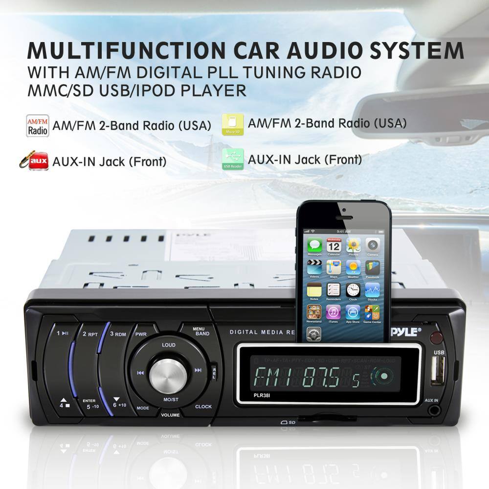 MULTIFUNCTION CAR AUDIO SYSTEM WITH AM/FM DIGITAL PLL TUNING RADIO MMC/SD USB/IPOD PLAYER

- AM/FM 2-Band Radio (USA)
- AUX-IN Jack (Front)

DIGITAL MEDIA READER
- USB Reader
- SD Card Slot

FEATURES:
- AM/FM Radio
- AUX-IN Jack (Front)
- USB Port
- SD Card Slot

CONTROLS:
- 1 HI
- 2 RPT
- 3 RDM
- 4 MODE
- 5 VOLUME
- 6 BAND
- 7 LOUD
- 8 MO/ST
- 9 CLOCK
- 10 MENU

MODEL: PLR381

PYLE®