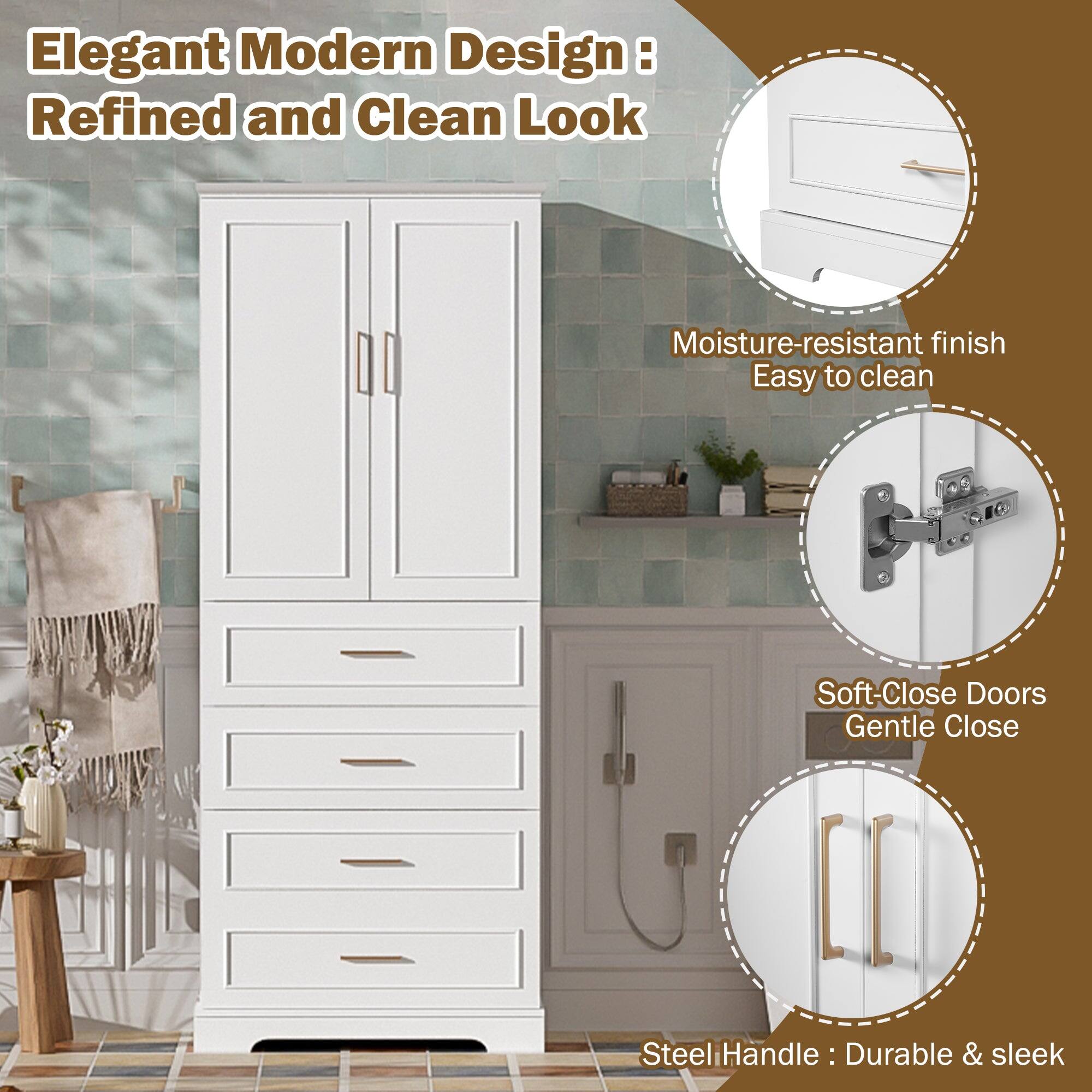 Elegant Modern Design: Refined and Clean Look

- Moisture-resistant finish
- Easy to clean

- Soft-Close Doors
- Gentle Close

- Steel Handle: Durable & sleek
