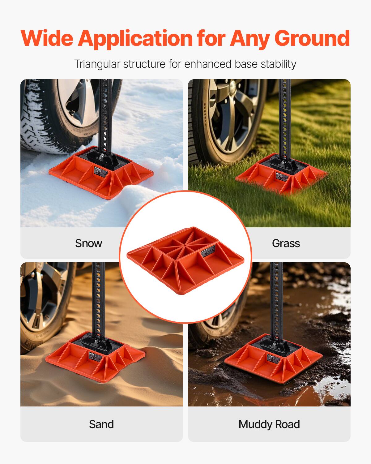 Wide Application for Any Ground  
Triangular structure for enhanced base stability  
Snow  
Grass  
Sand  
Muddy Road