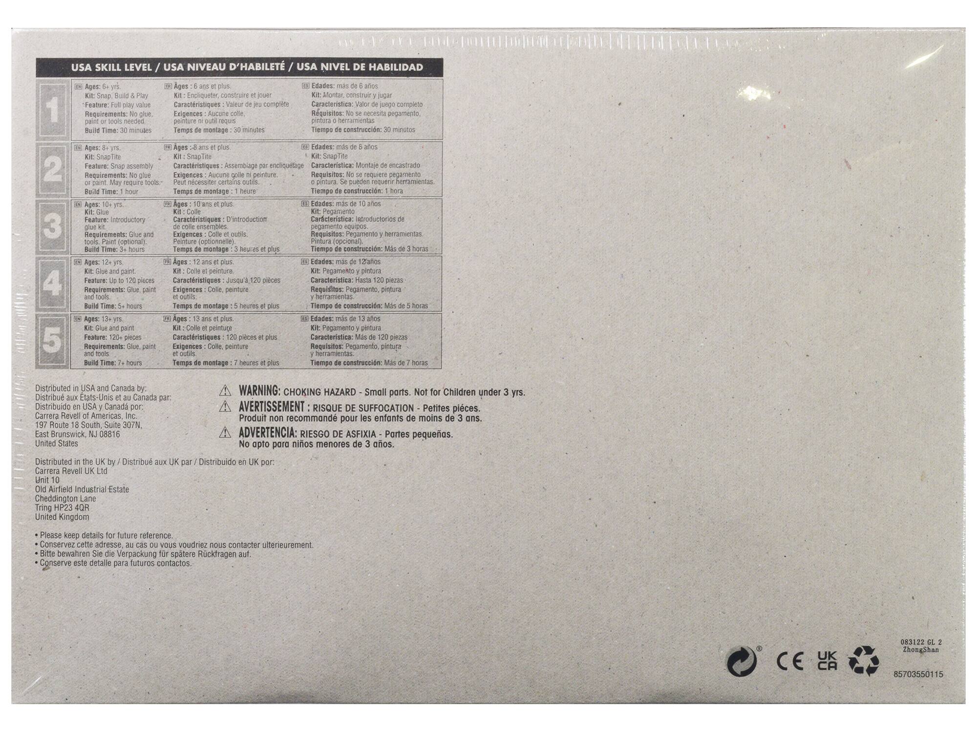 USA SKILL LEVEL / USA NIVEAU D'ABILITÉ / USA NIVEL DE HABILIDAD

1. Ages: 6 yrs  
   Kit: SnapTite  
   Feature: Full value play  
   Requirements: Paint or tools needed  
   Build Time: 30 minutes  
   Edad: 6 años y más  
   Kit: Encliquete, construir o jugar  
   Características: Valor de juego completo  
   Requisitos: Pintura o herramientas  
   Tiempo de construcción: 30 minutos  
   Edad: más de 6 años  
   Kit: Montaje de encastrado  
   Características: Montaje de encastrado  
   Requisitos: Pintura  
   Tiempo de construcción: 30 minutos  

2. Ages: 8 yrs  
   Kit: SnapTite  
   Feature: Snap assembly  
   Requirements: No glue needed  
   Build Time: 1 hour  
   Edad: 8 años y más  
   Kit: Assemblage par encliquetage  
   Características: Assemblage par encliquetage  
   Requisitos: No se