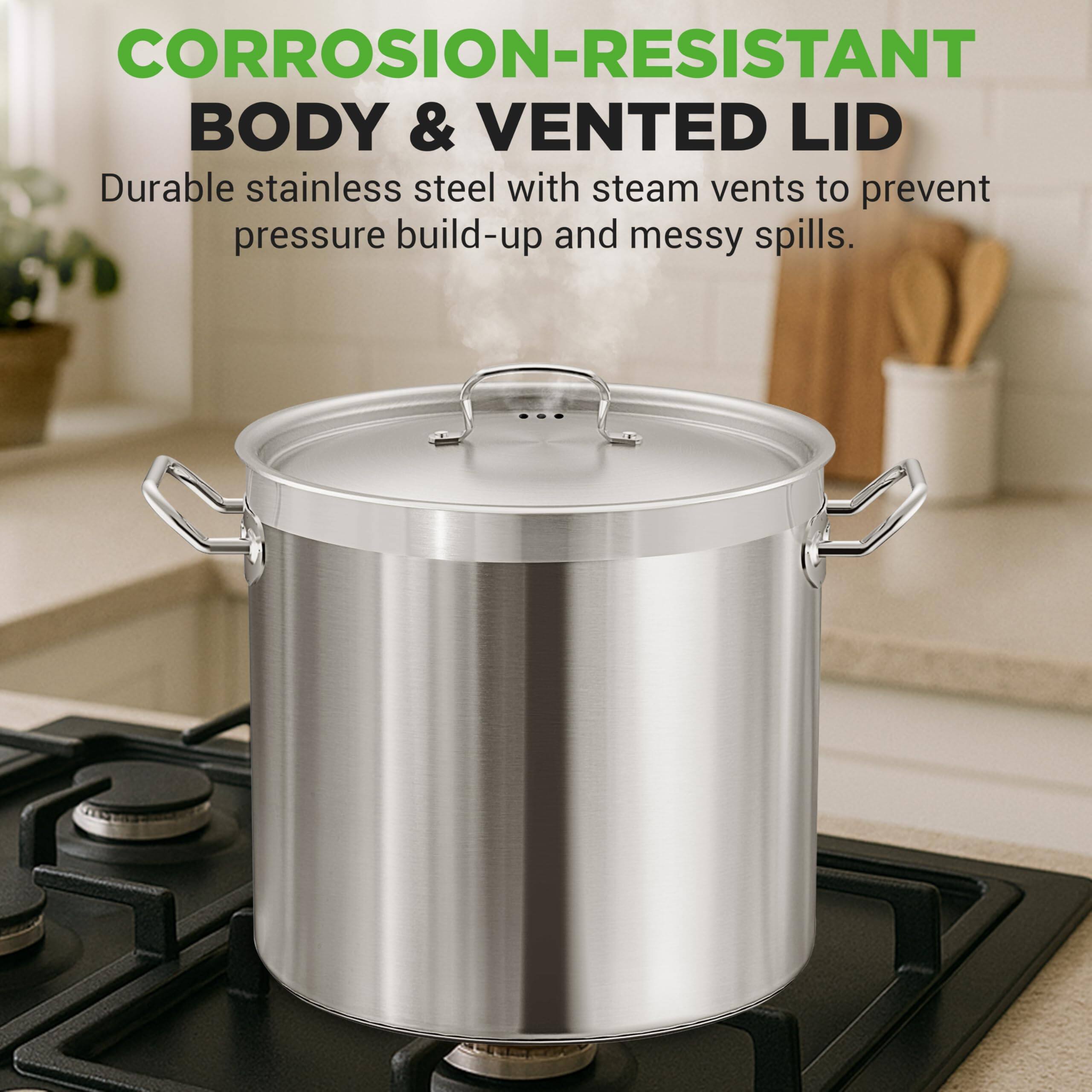 CORROSION-RESISTANT BODY & VENTED LID  
Durable stainless steel with steam vents to prevent pressure build-up and messy spills.