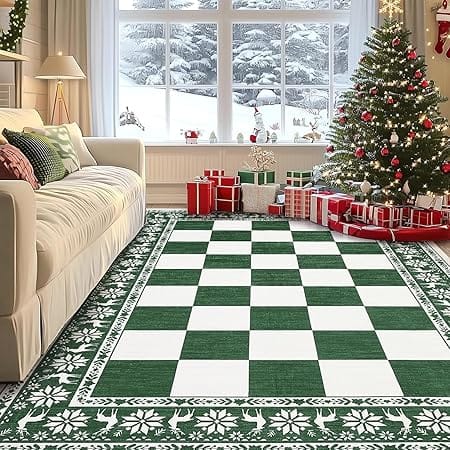 GARVEE - Area Rugs 8x10, Checkered Christmas Rugs for Holiday Decor, Non Slip Low Pile Washable Rug for Home - Green