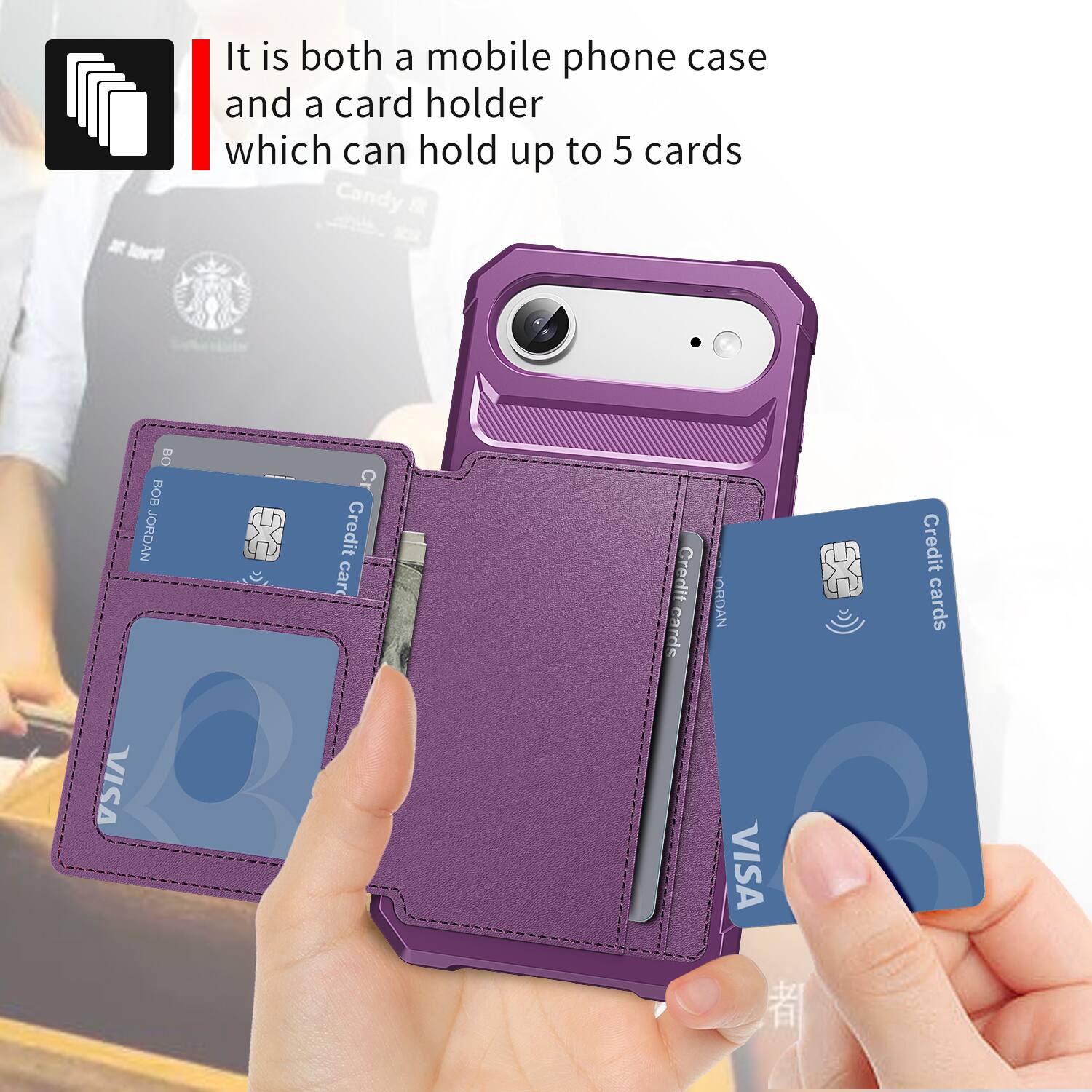 It is both a mobile phone case and a card holder which can hold up to 5 cards.