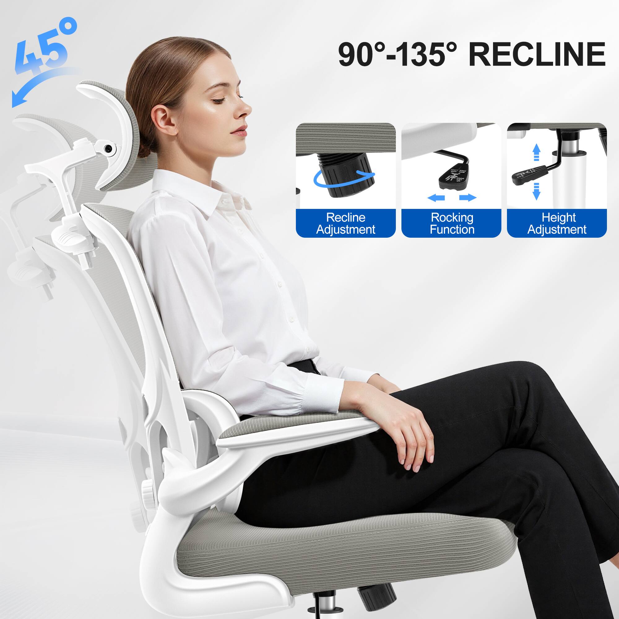 45°

90°-135° RECLINE

Recline Adjustment  
Rocking Function  
Height Adjustment