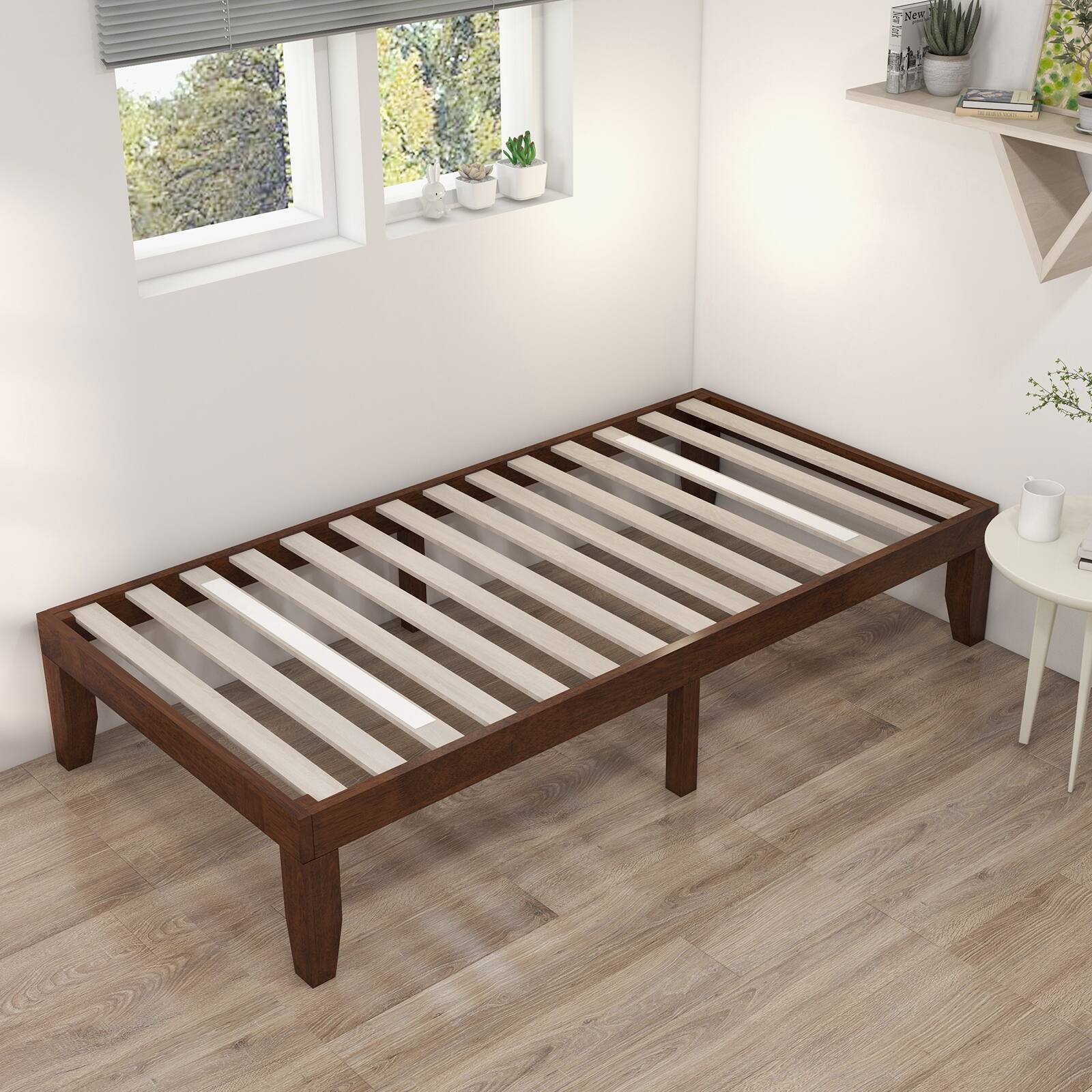 Alt View 4. Costway - Costway Twin Wooden Platform Bed 14" Slats Support Mattress Foundation Brown - Brown,Cherry.