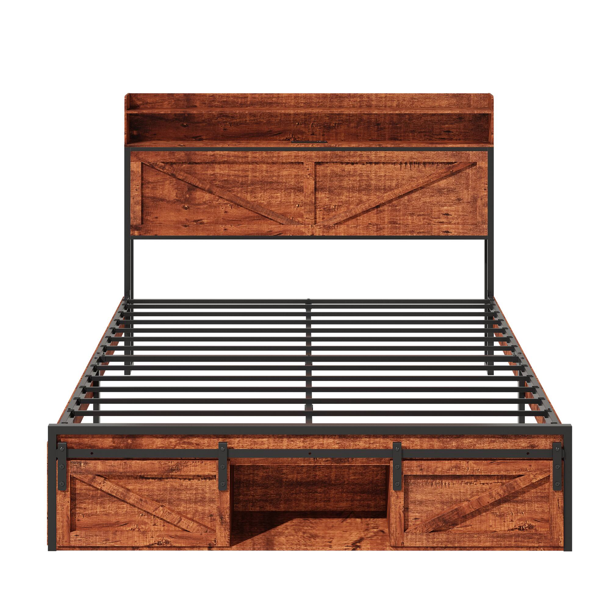 Alt View 4. LUCKY ONE - Queen-size Bed Frame with Storage Headboard, Footboard Storage Compartments and LED Lighting - Brown.