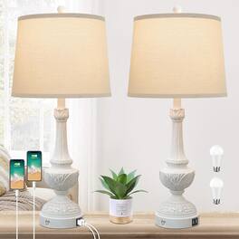 Nordic Hygge - 28'' Table Lamps Set of 2, 3-Way Dimmable Touch Control Bedside Lamps with USB Charging Ports, Vintage Rustic - Lotus Pure White
