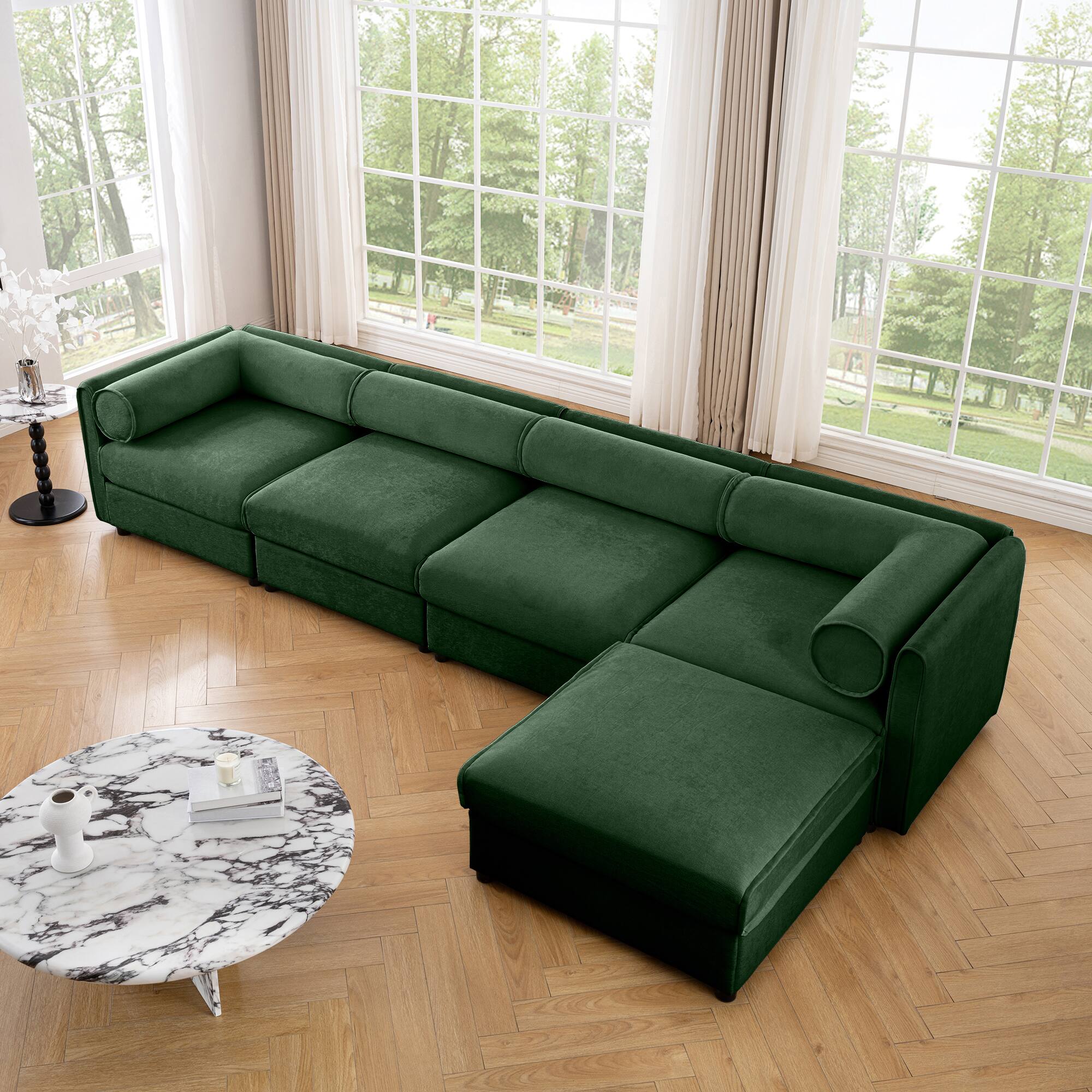 Back. LOVMOR - 4 Seat Chenille Modular Sectional Couch L Shaped Storage Ottoman Cylindrical Support For Living Room Plush Den - Green.