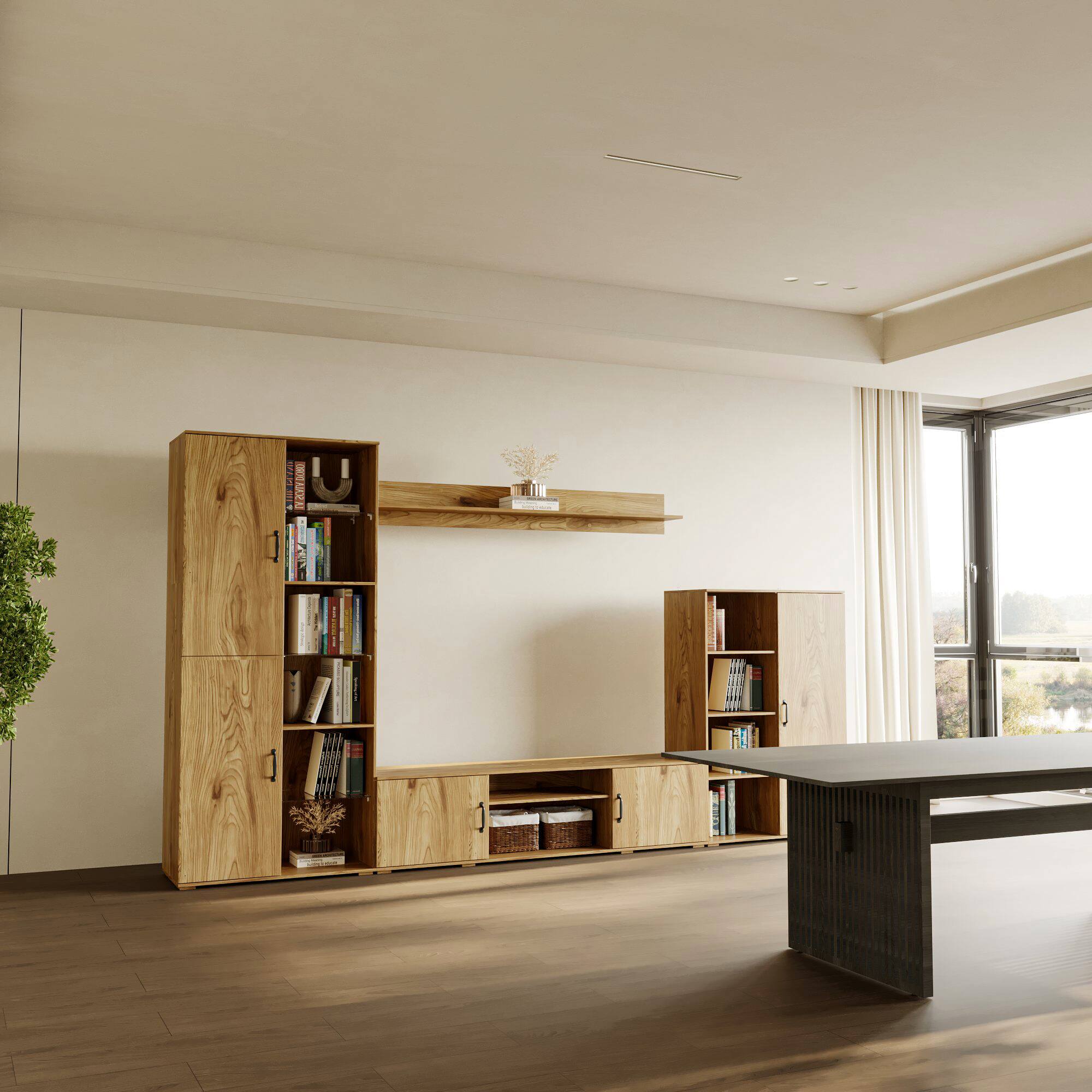 Left. Famapy - Modern Media Wall Unit with Upto 60" TV Stand, Bookshelves and Display Cabinets Multifunctional Entertainment Center - Wooden.