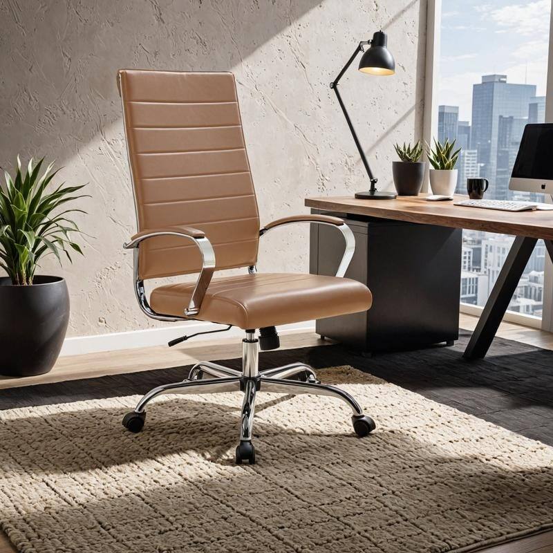 Angle. LeisureMod - Benmar High Back Leather Office Chair with Adjustable Height, Swivel Base, Ergonomic Design Modern Conference Chair - Brown.