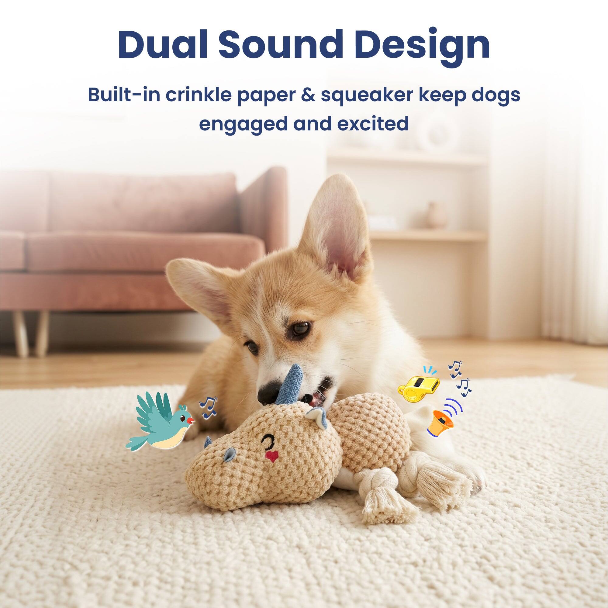 Dual Sound Design  
Built-in crinkle paper & squeaker keep dogs engaged and excited