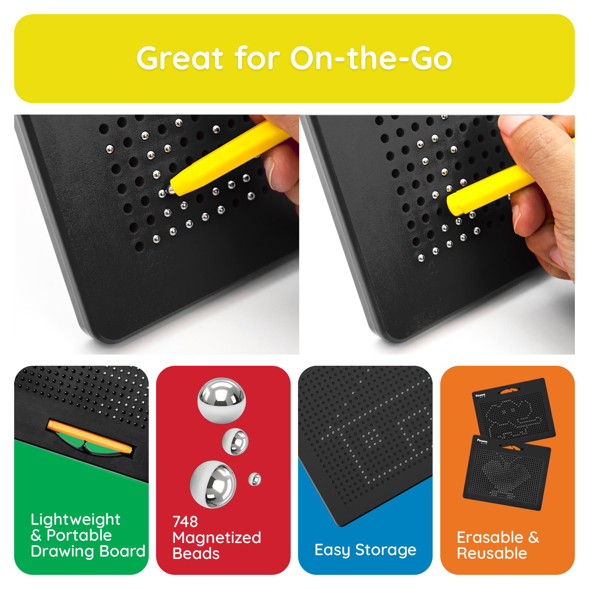 Great for On-the-Go

- Lightweight & Portable Drawing Board
- 748 Magnetized Beads
- Easy Storage
- Erasable & Reusable