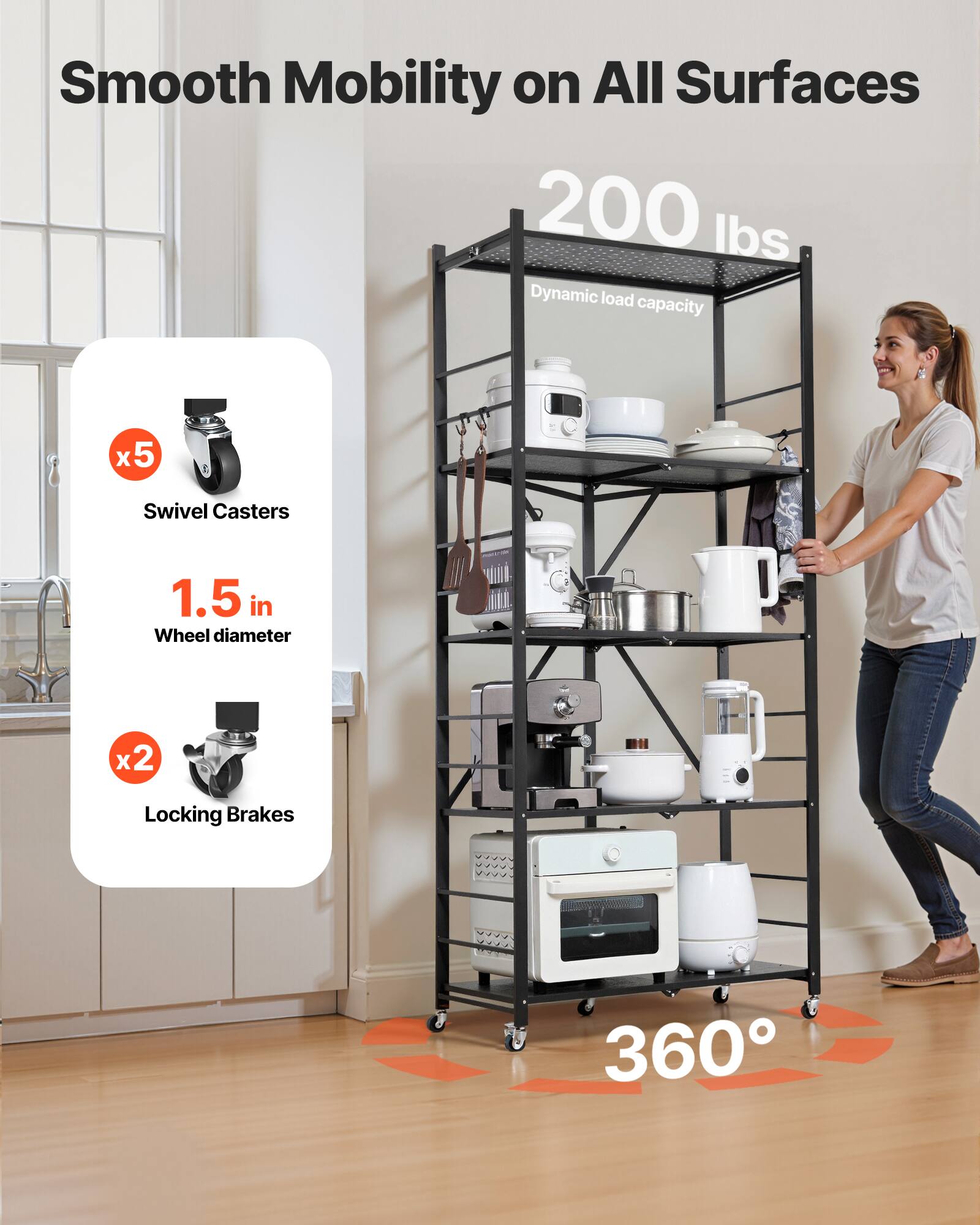 Smooth Mobility on All Surfaces, 200 lbs Dynamic load capacity, x5 Swivel Casters, 1.5 in Wheel diameter, x2 Locking Brakes, 360°