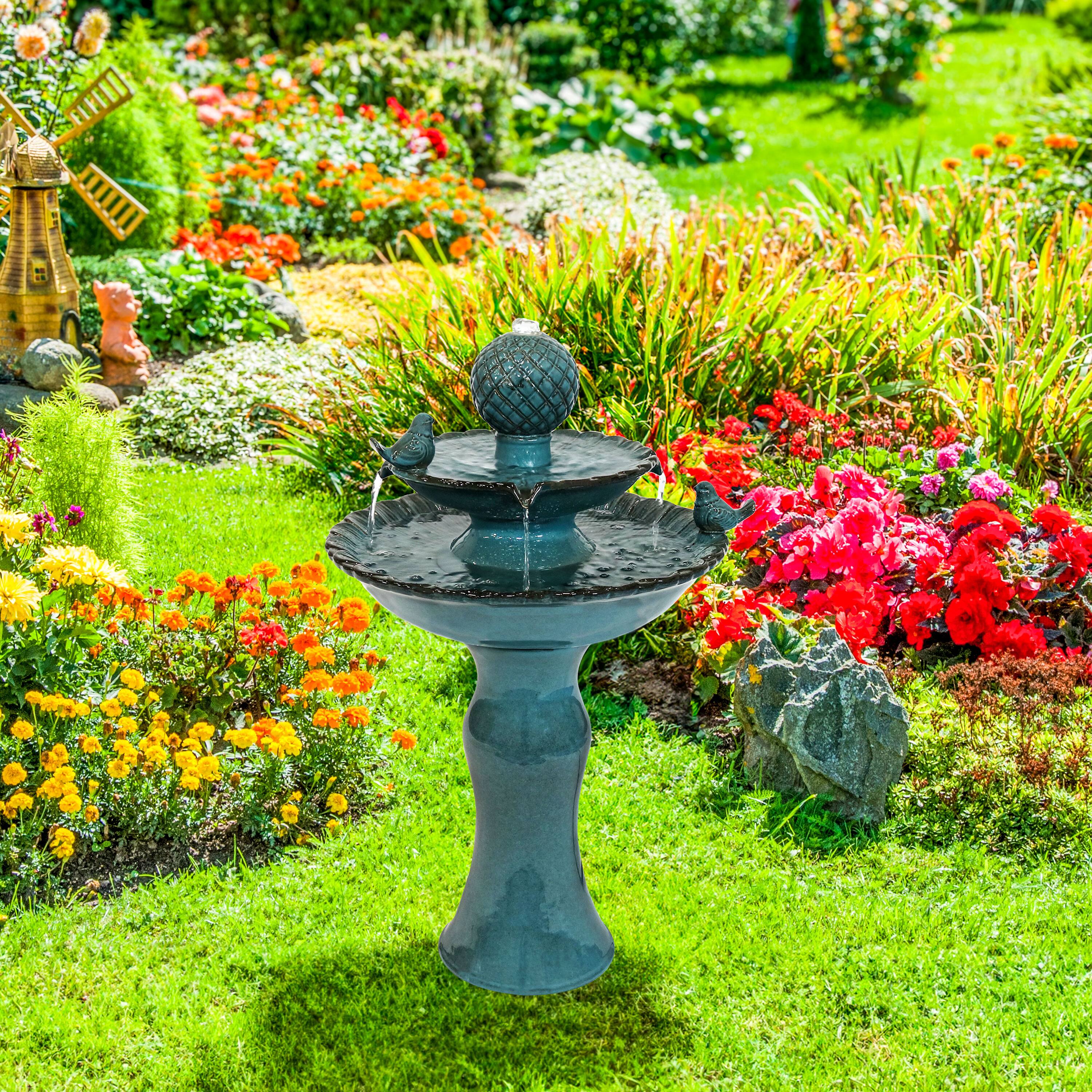Alt View 7. Sunnydaze - Resting Birds Ceramic Outdoor 2-Tier Water Fountain - Blue.