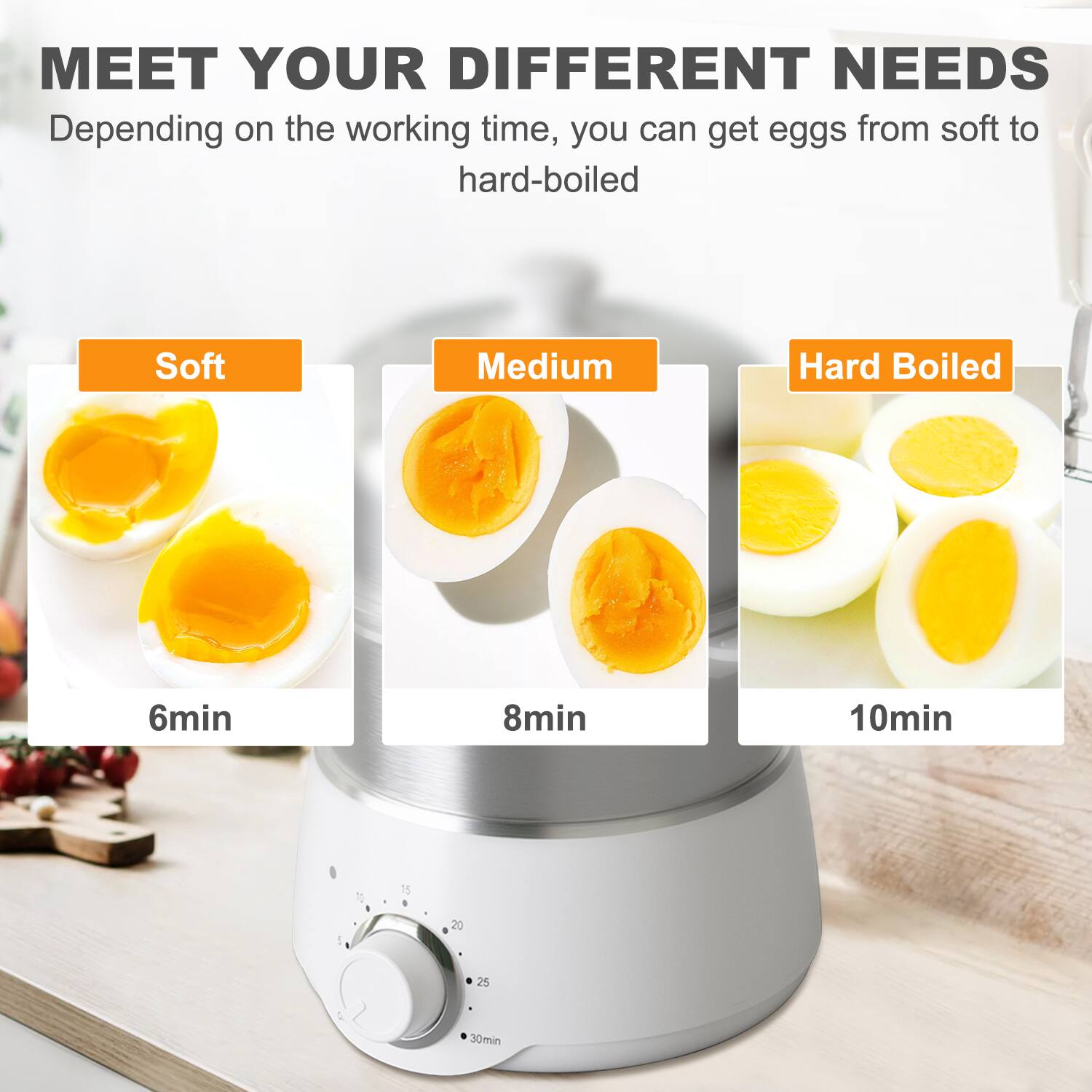 MEET YOUR DIFFERENT NEEDS

Depending on the working time, you can get eggs from soft to hard-boiled.

- Soft: 6 min
- Medium: 8 min
- Hard Boiled: 10 min