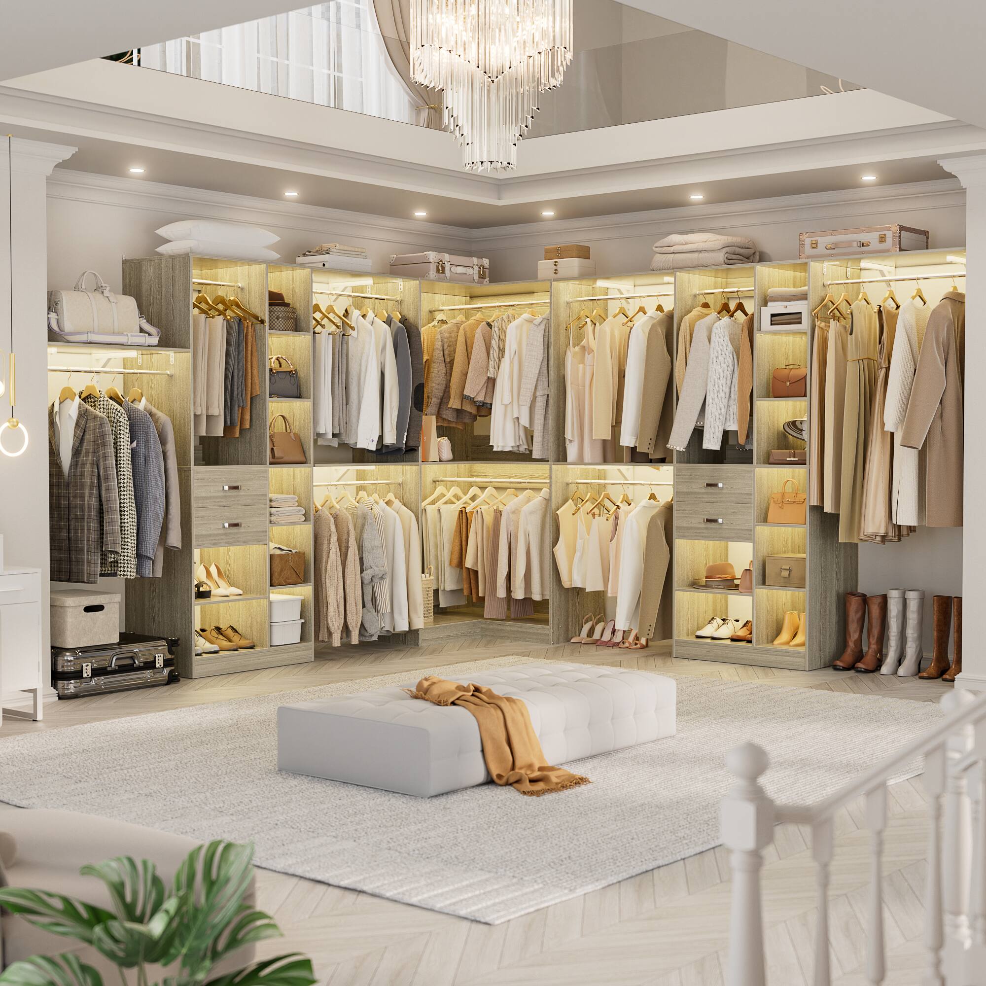 Left. Aheaplus - 126'' L Shaped Closet System with 4 Drawers, 8 Hanging Rods and Adjustable Shelves, Reversible, Set of 3 - Beige Oak.