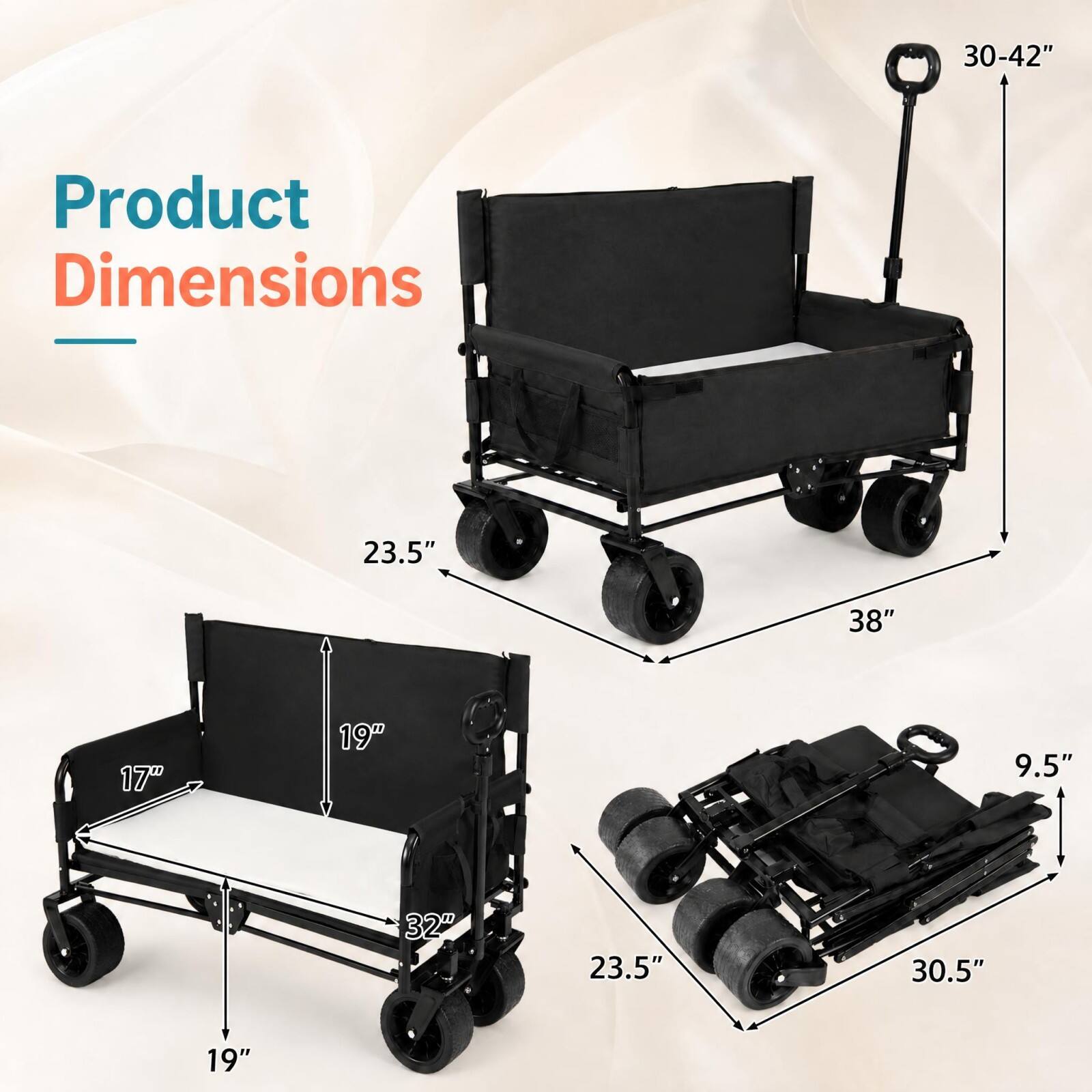 30-42"  
Product Dimensions  
23.5"  
38"  
17"  
19"  
9.5"  
32"  
23.5"  
30.5"  
19"