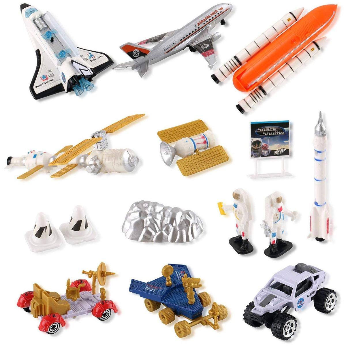 JuzToys - Kids Toys Cars Space Exploration Toy Playset, Kids Space Shuttle with Lights & Sounds, Rocket, Car, Airplane Figures - Multi