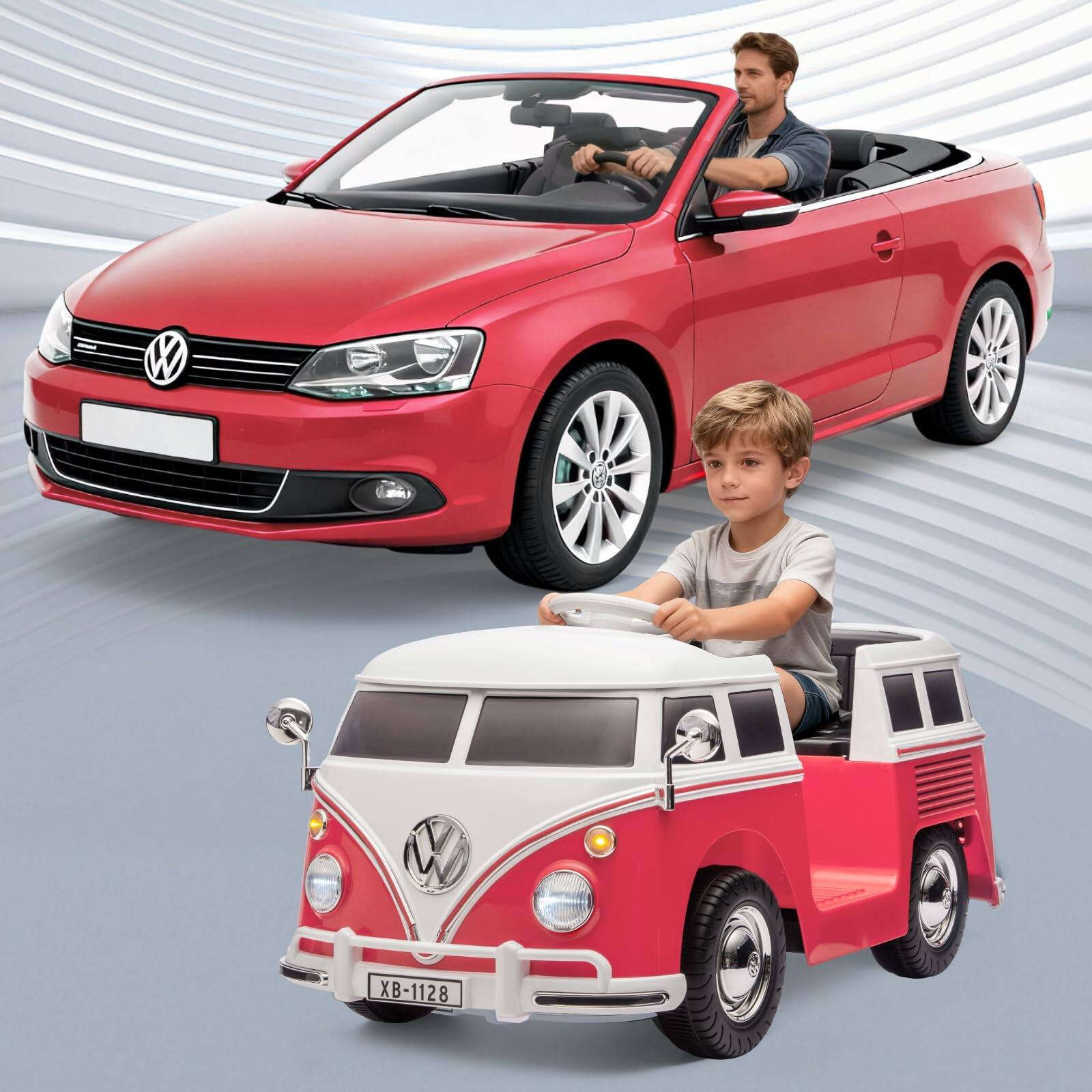 Left. GARVEE - 6V Licensed Volkswagen T1 Bus Ride-On Car for Kids with LED Lights, Horn, Music & Two Speeds, Battery Powered - Pink.