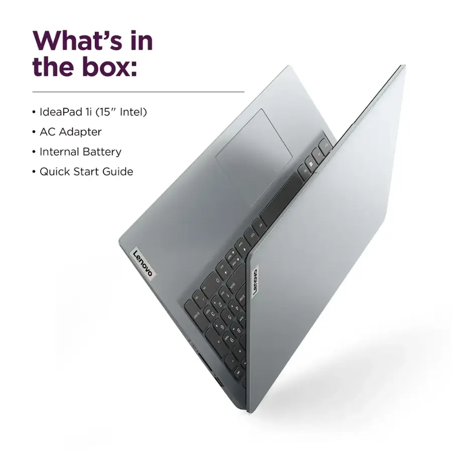 What's in the box: IdeaPad 1i (15" Intel) AC Adapter, Internal Battery, Quick Start Guide.